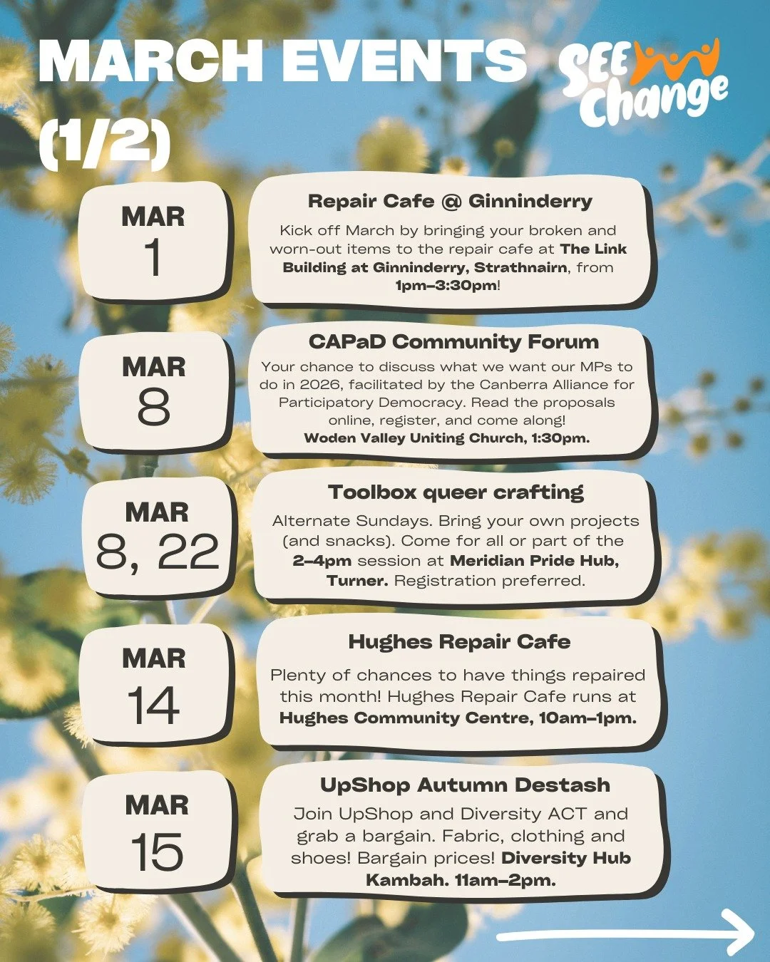 March events 🌱 Find all details on our website (link in bio), under 'Get involved - Events'!

---

#canberraevents #repaircafe #seechange