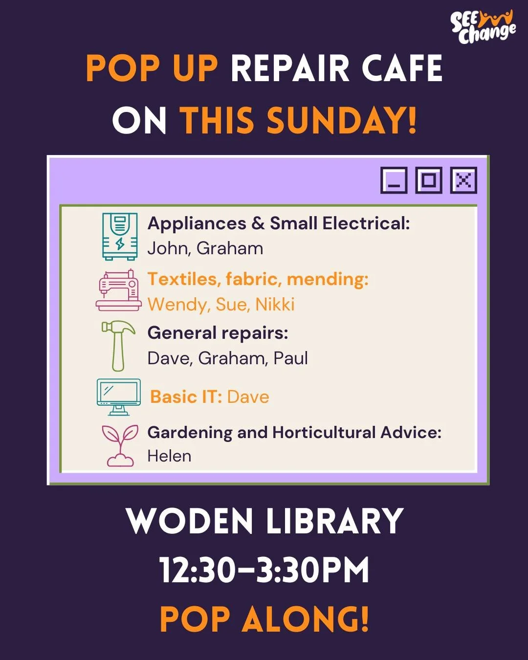Yep: not one but TWO pop up repair cafes this weekend! Our second pop up collaboration with Woden Library is on tomorrow (Sunday afternoon). Same time, same place, same fantastic benefit to community and environment.

We know lots of things need repa