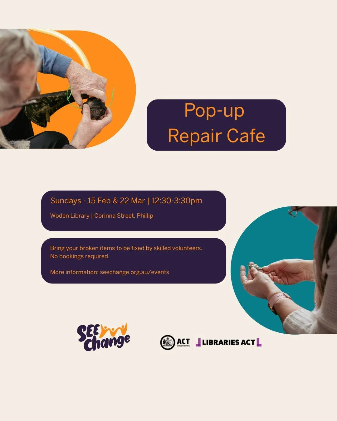 Pop Up Repair Cafe TODAY! 
12.30 - 3.30pm
Woden Library

A showcase of Canberra&rsquo;s repair cafes, bringing together repairers from SEE Change&rsquo;s four cafes. 
A repair caf&eacute; is a community event where broken items are fixed by volunteer