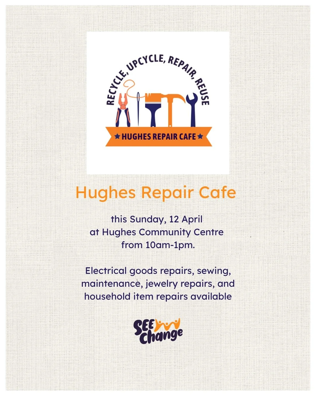 Hughes Repair Cafe
Tomorrow 10am
Hughes Community Centre