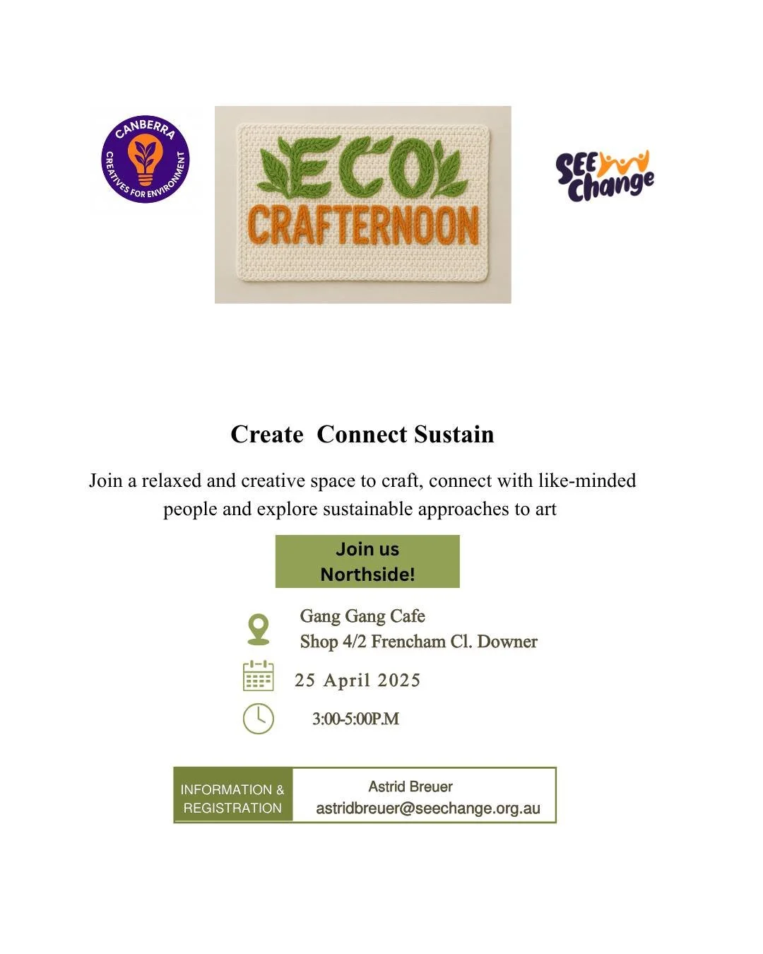 Eco Crafternoon Today
3-5pm
Gang Gang Cafe, Downer