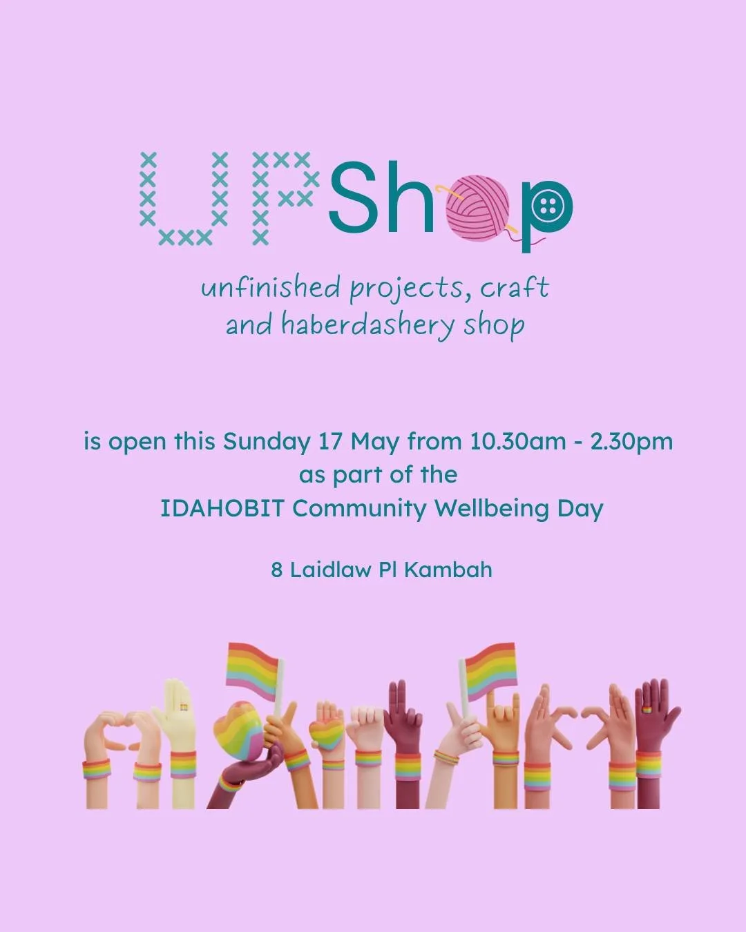 Upshop will be open an extra day from 10.30 to 2.30. A great opportunity for those who can&rsquo;t make Friday or Saturday plus the wonderful opportunity to join the IDAHOBIY Community Wellbeing Day festivities