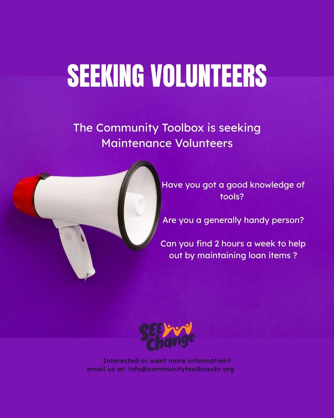 For less than it would cost to buy a drill, members can borrow a wide range of tools and equipment from the Community Toolbox.  Those items need someone to keep them in safe working condition - is this you?