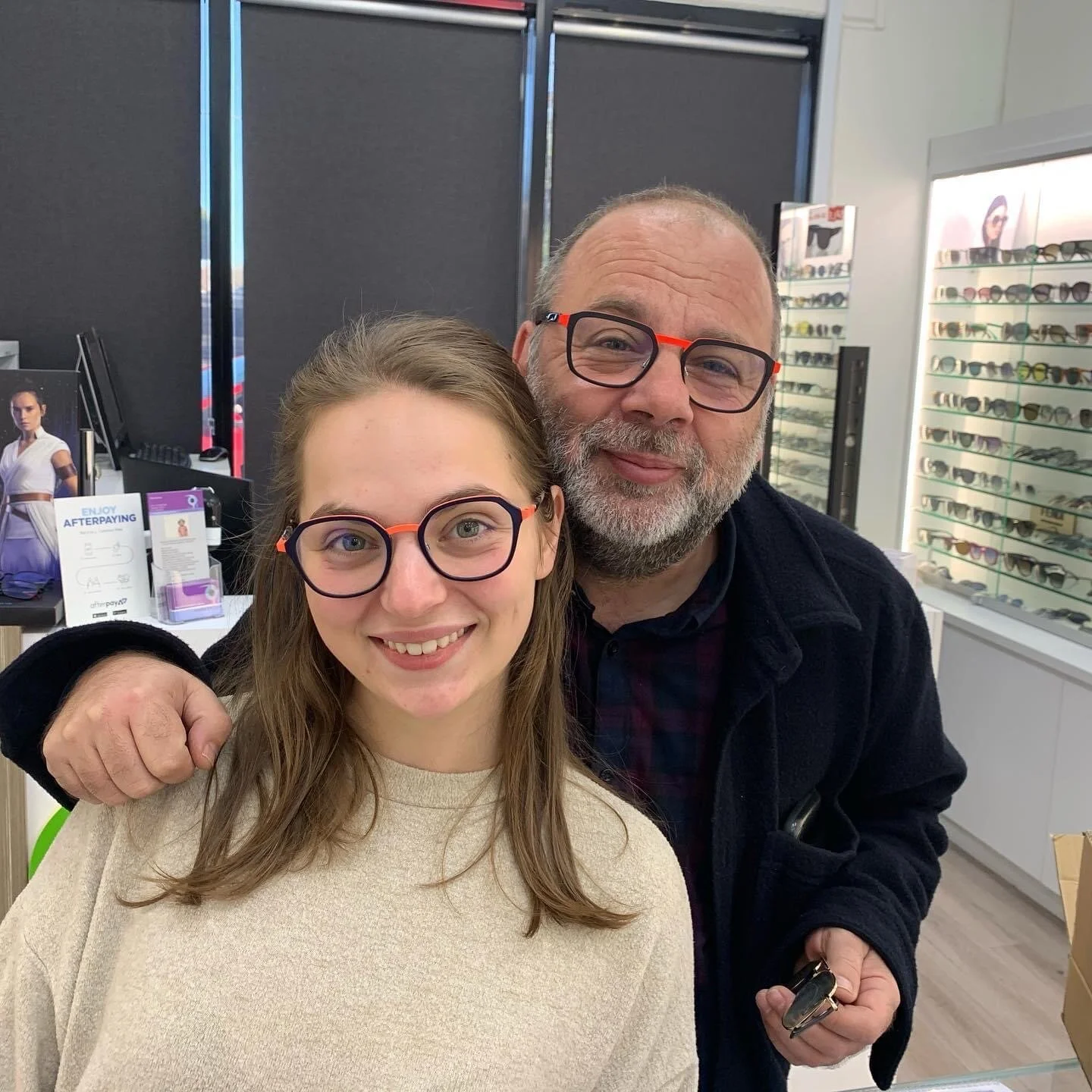 Demi, Andrew, and the glasses which she definitely picked before he did. (They can’t both wear their glasses together in public together. It’s far too embarrassing.)