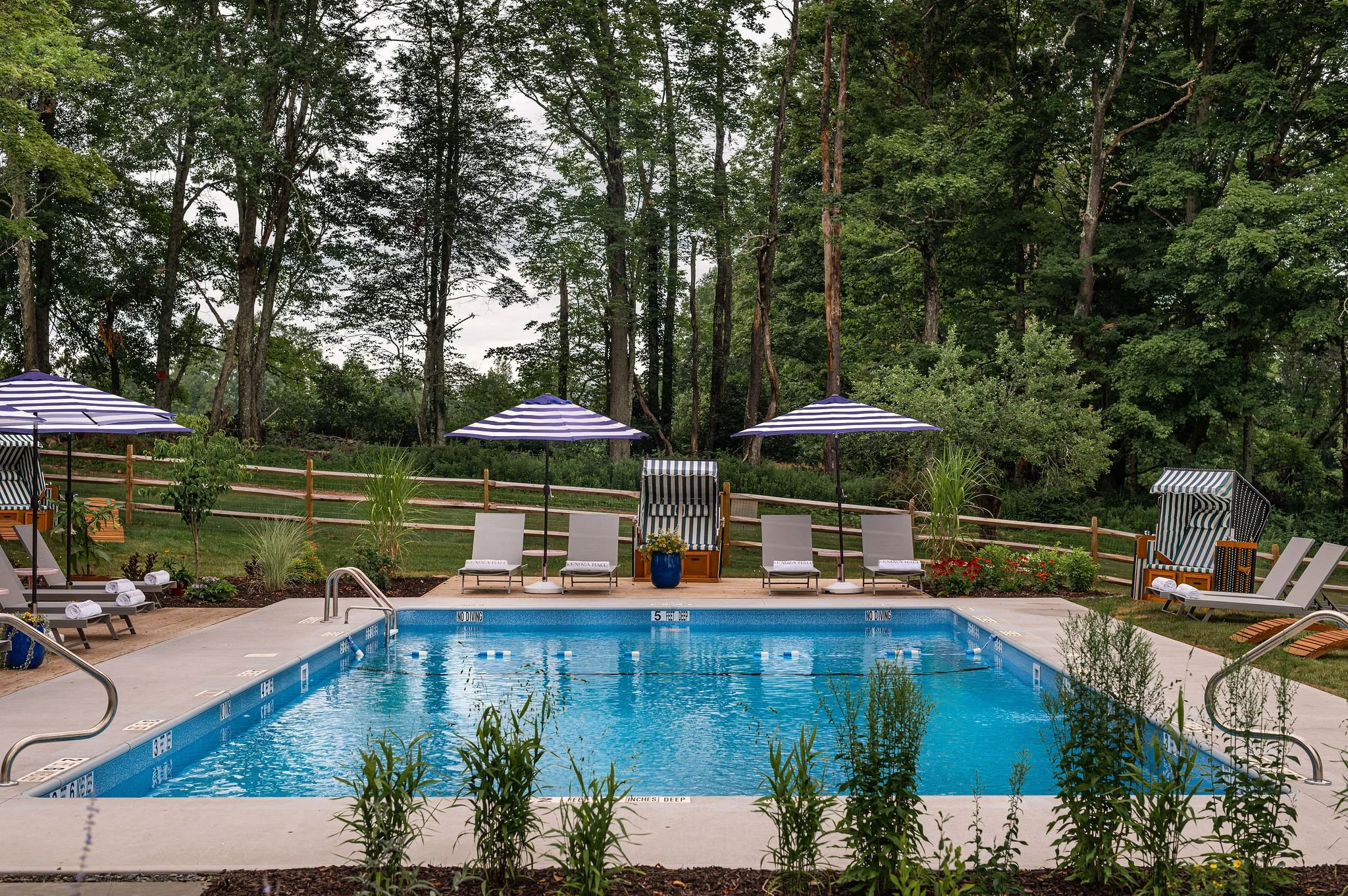 Swimming pool with blue water, surrounded by lounge chairs, umbrellas, and greenery, in a wooded outdoor setting.
