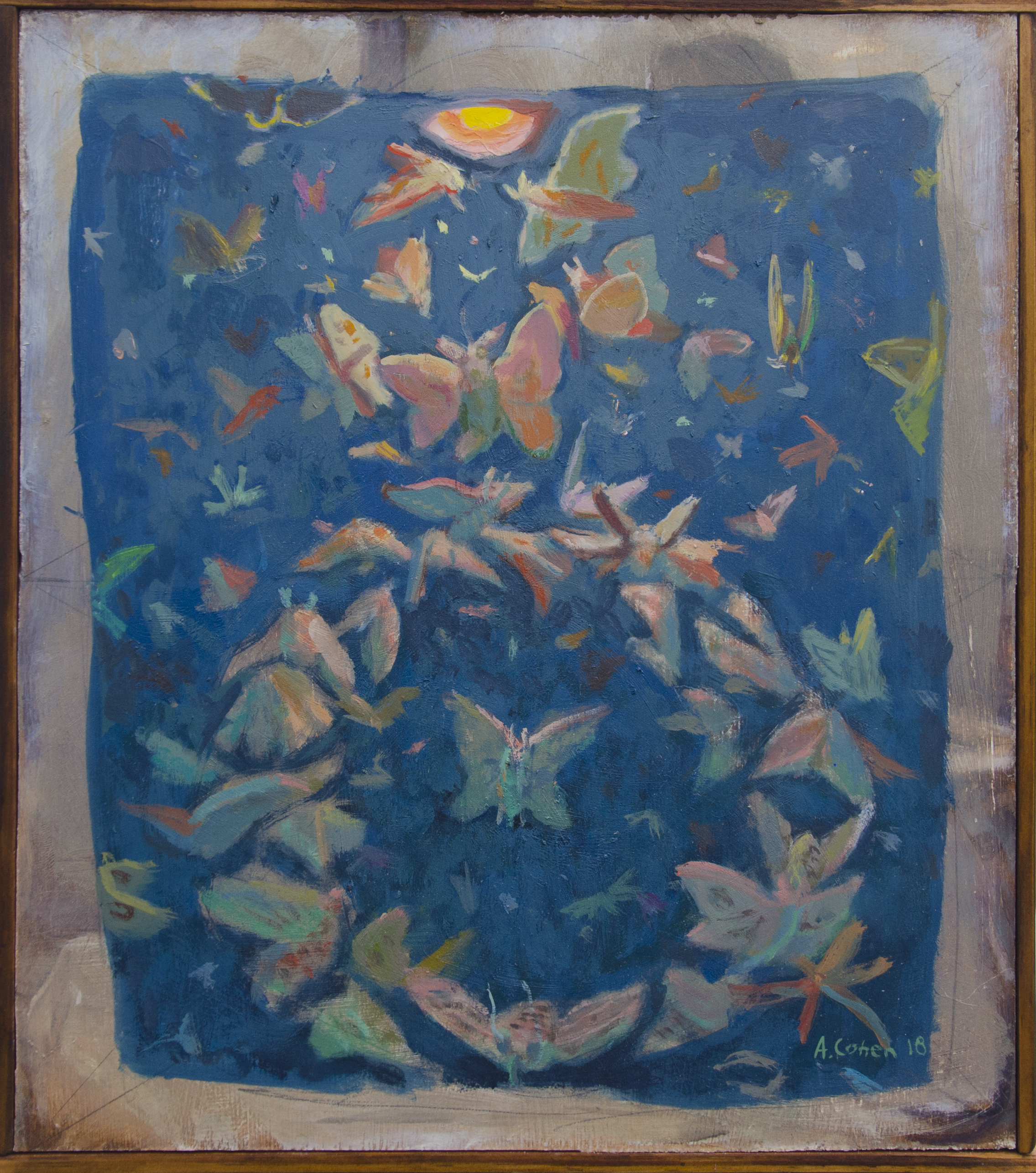 Moths in Formation, 13" x 11 1/2", Oil on board, 2018 (SOLD)