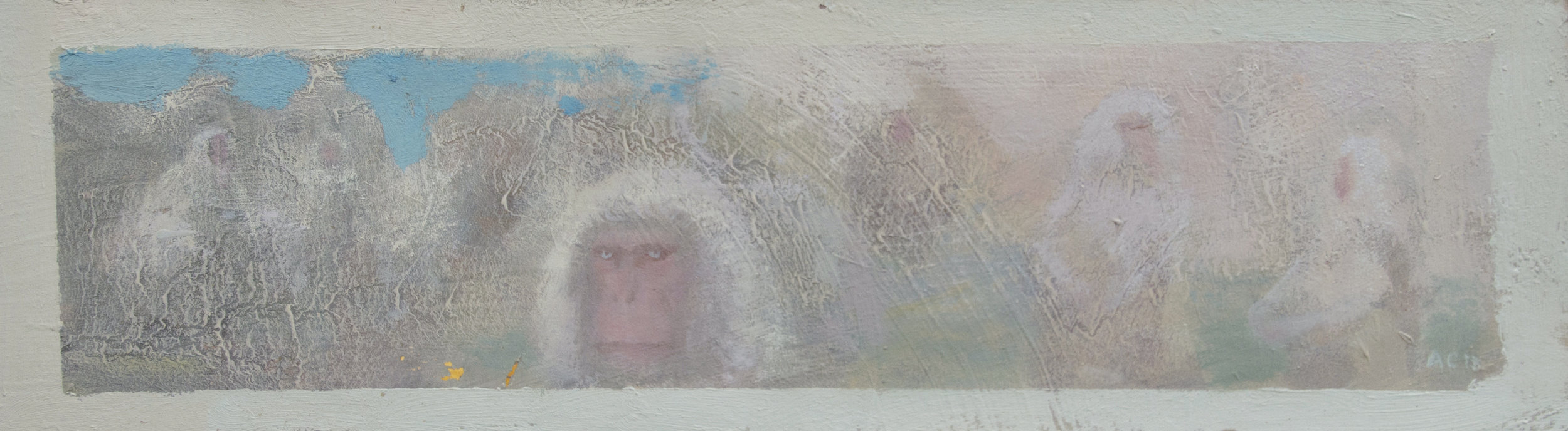 Snow Monkeys, 4 1/4" x 12 1/2", Oil on museum board, 2018