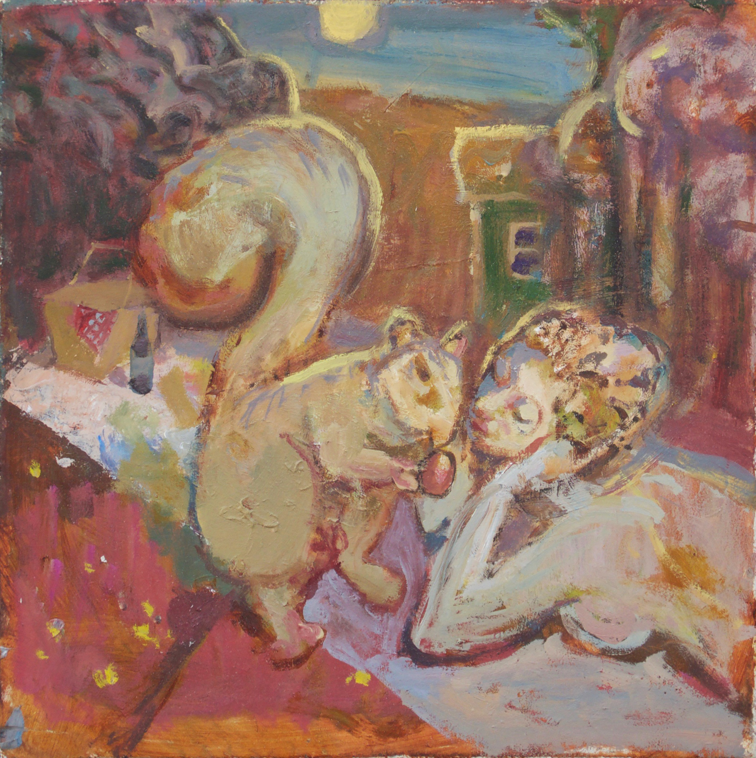 Sharing a Nut, 10" x 10", Oil on board, 2015