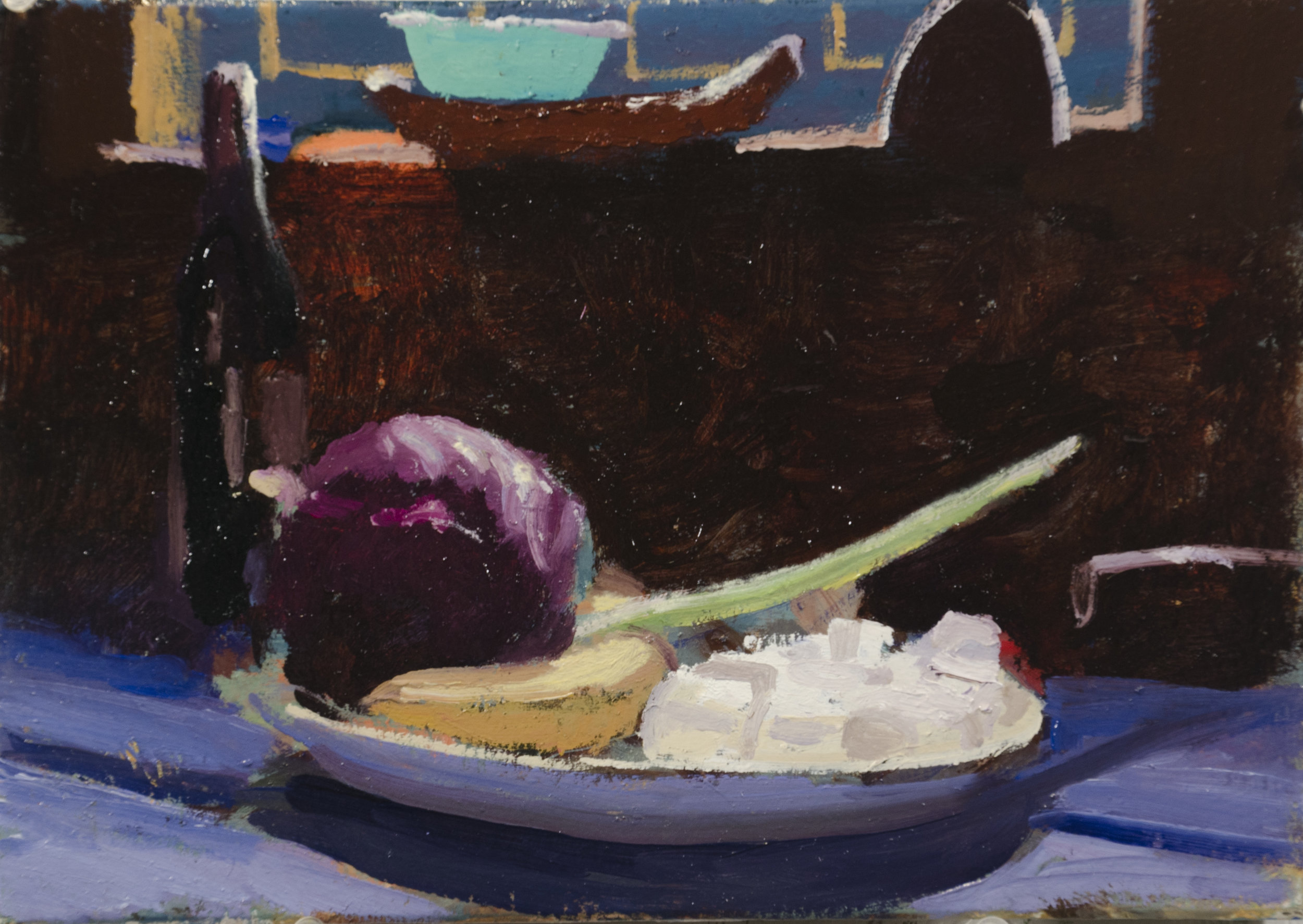Still Life with Cabbage, Banana, Marshmallows, and Garlic, 7 x 10", Oil on board, 2016