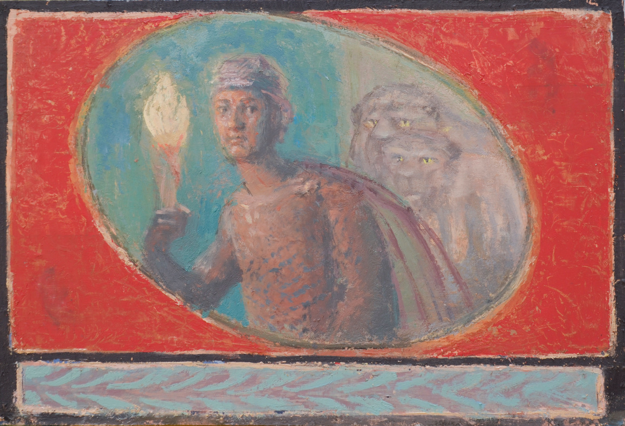 Young Man with Torch and Lions, 8" x 12", Oil on board, 2019 (SOLD)