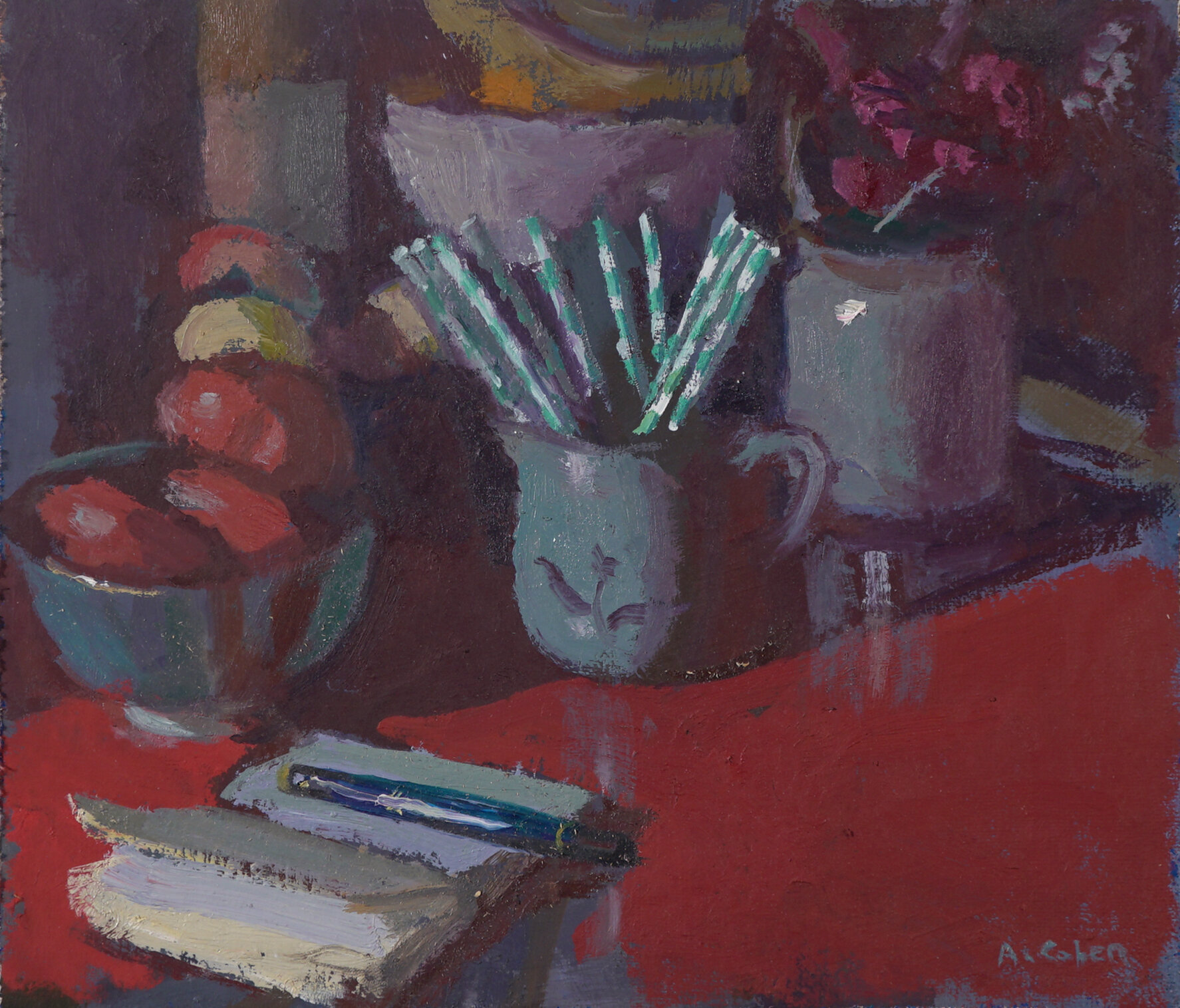 Still Life with Green Straws, Tomatoes and Pen, 12" x 14", Oil on board, 2019 (SOLD)