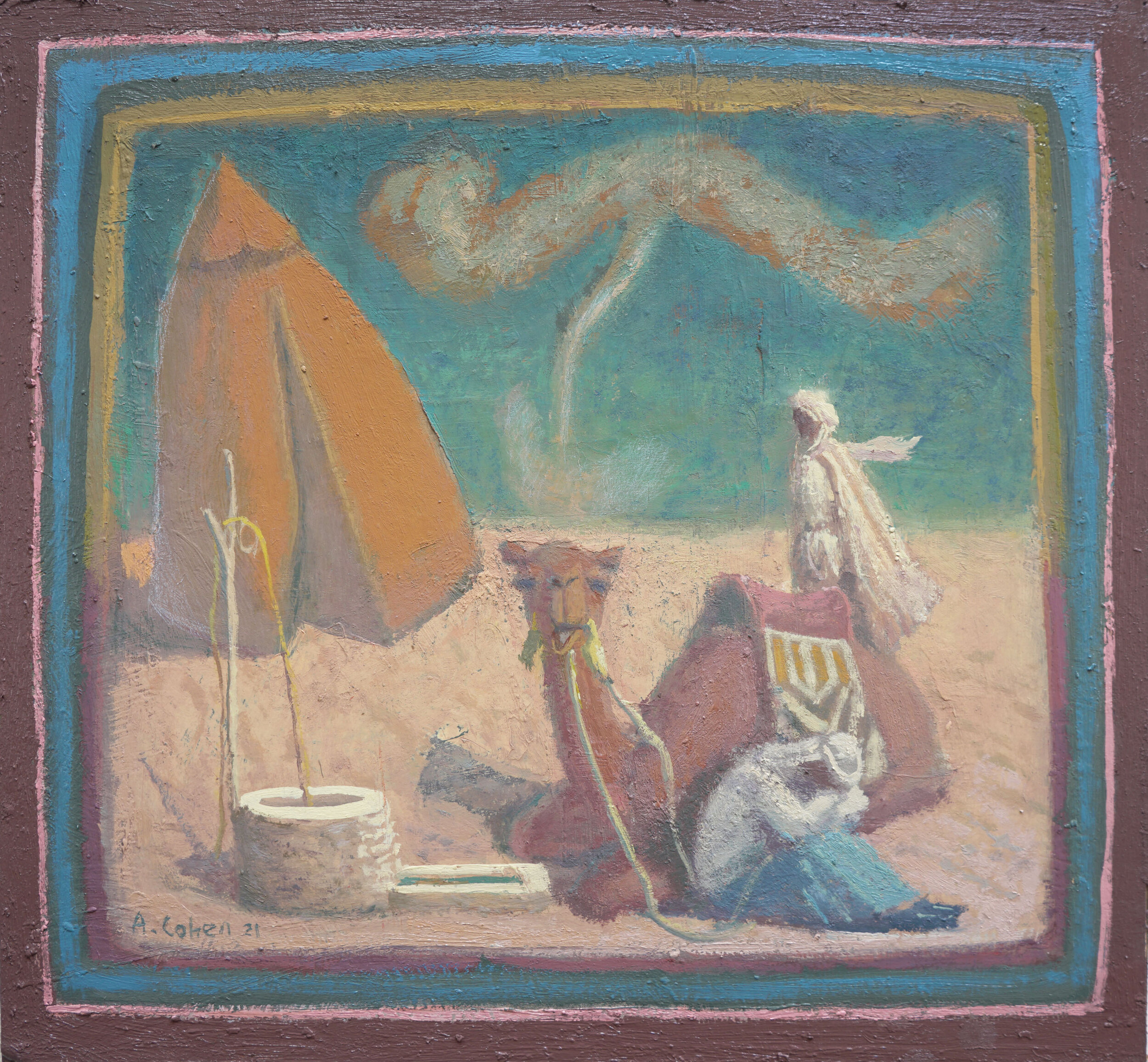 Desert Scene with Well, 12" x 13.5", Oil on Museum-Board, 2021 (SOLD)