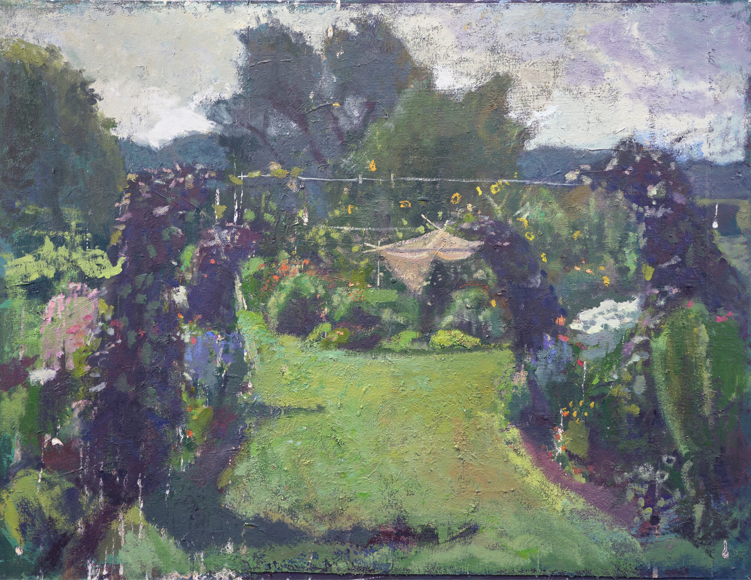 Garden with Climbing Beans, 20" x 26", Oil on Mounted Linen, 2020