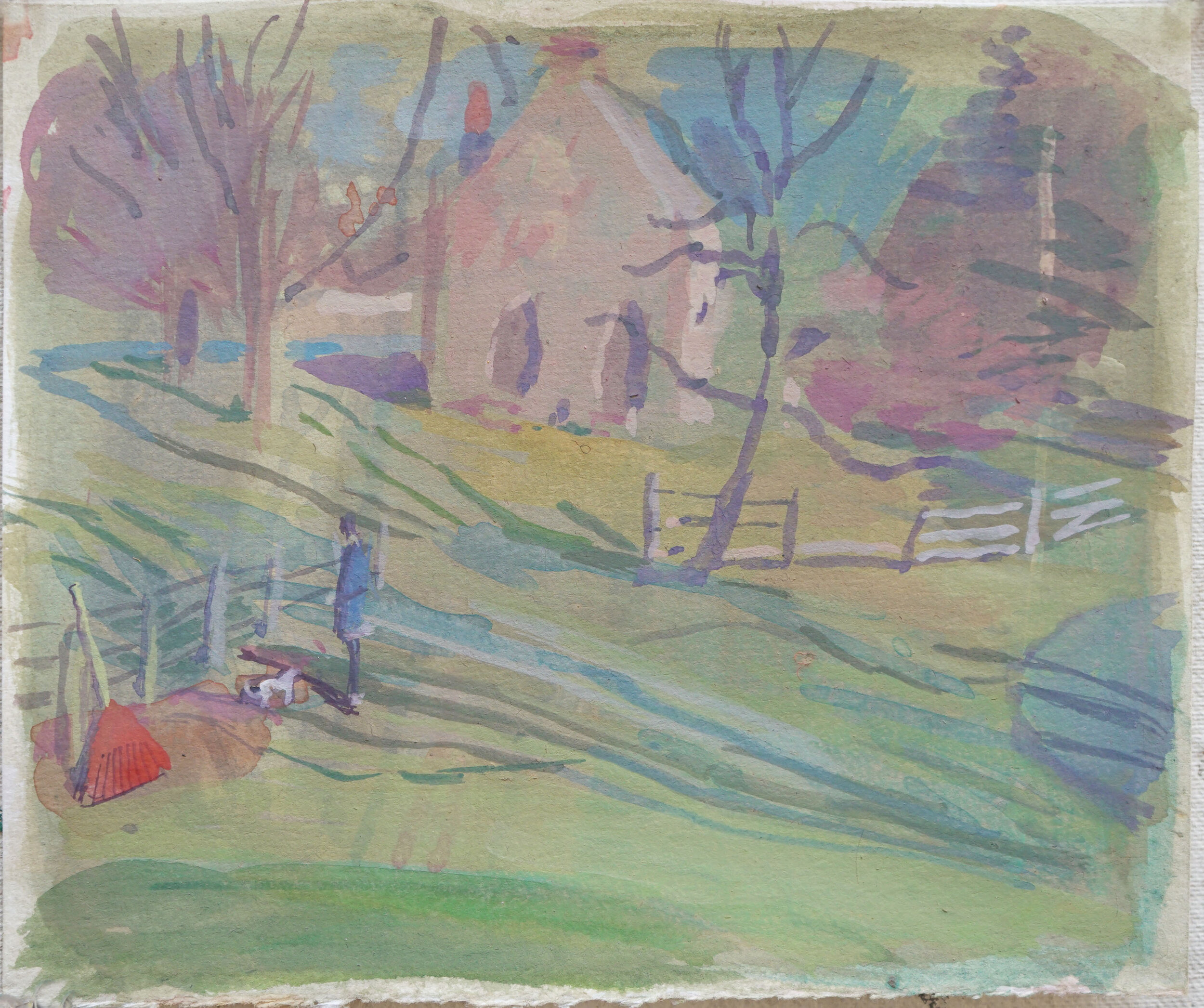 Landscape with Clara, Enzo and Rake, 5.5" x 7", Gouache on Paper, 2020