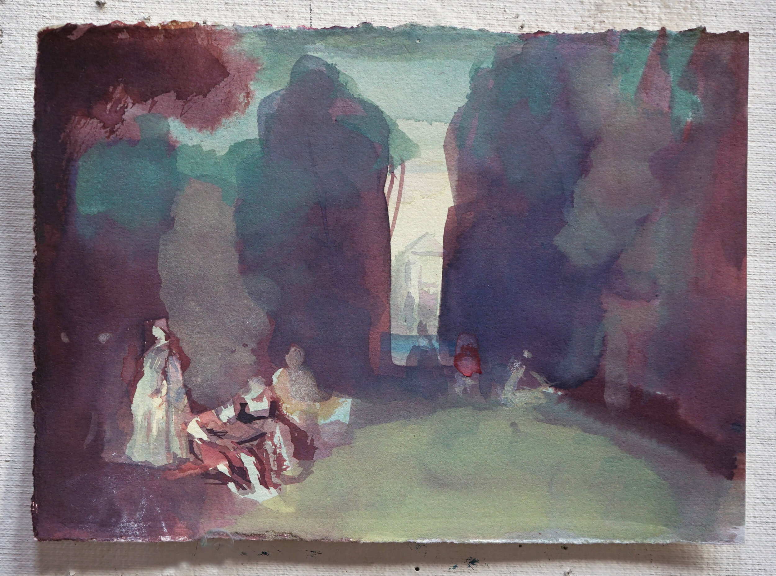 After Watteau, Park of Pierre Crozat, 5.75" x 7.25", Gouache and Ink on Paper, 2020 (sold)