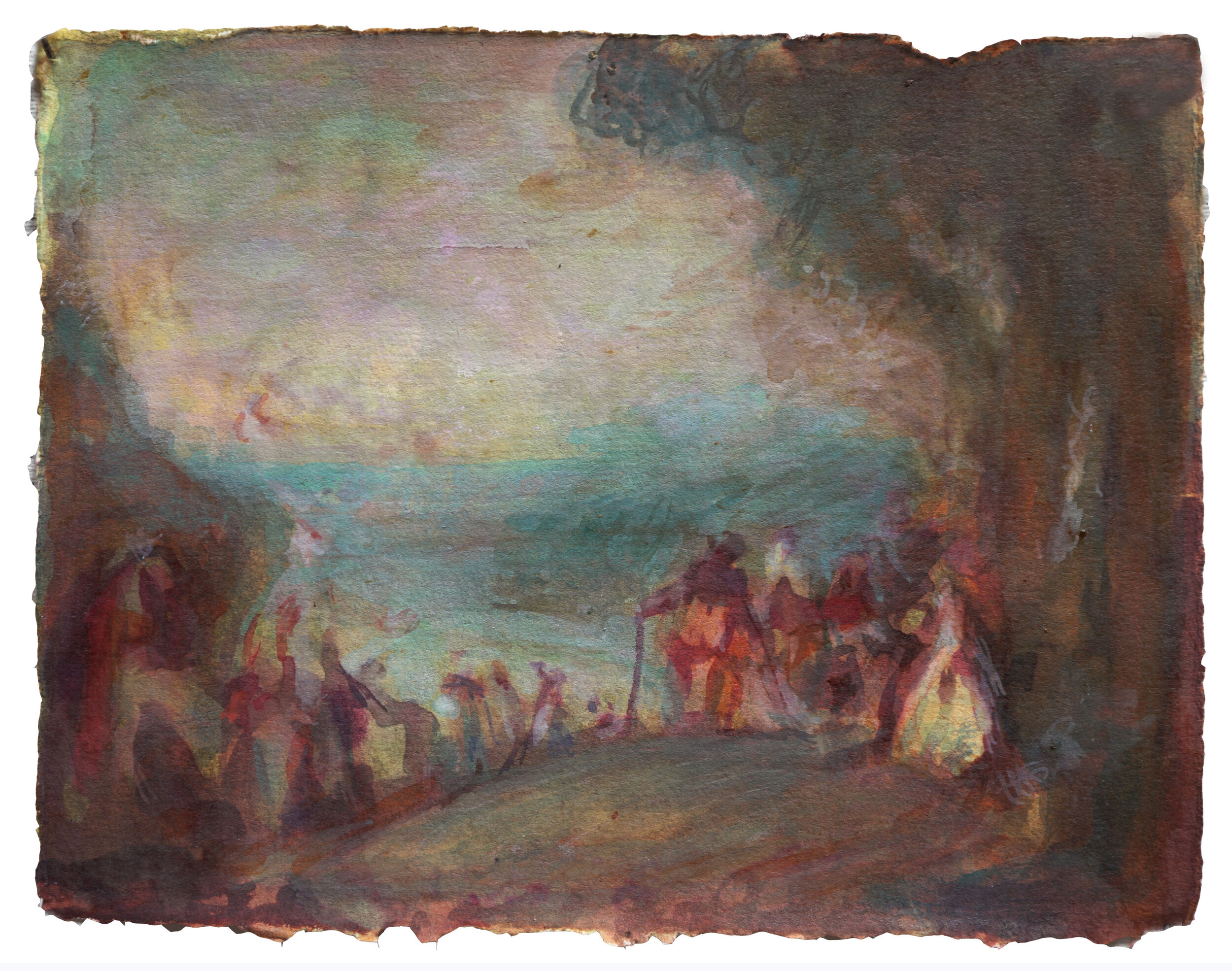 After Watteau, Visit to the Island of Cytheria, 5.75" x 7.25", Gouache and Ink on Paper, 2020
