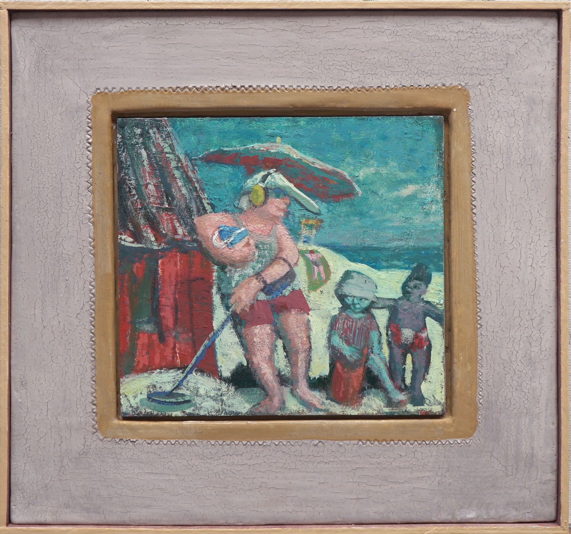 Beachcombers. 7.5" x 8", oil on board, artist's gesso frame, 2024