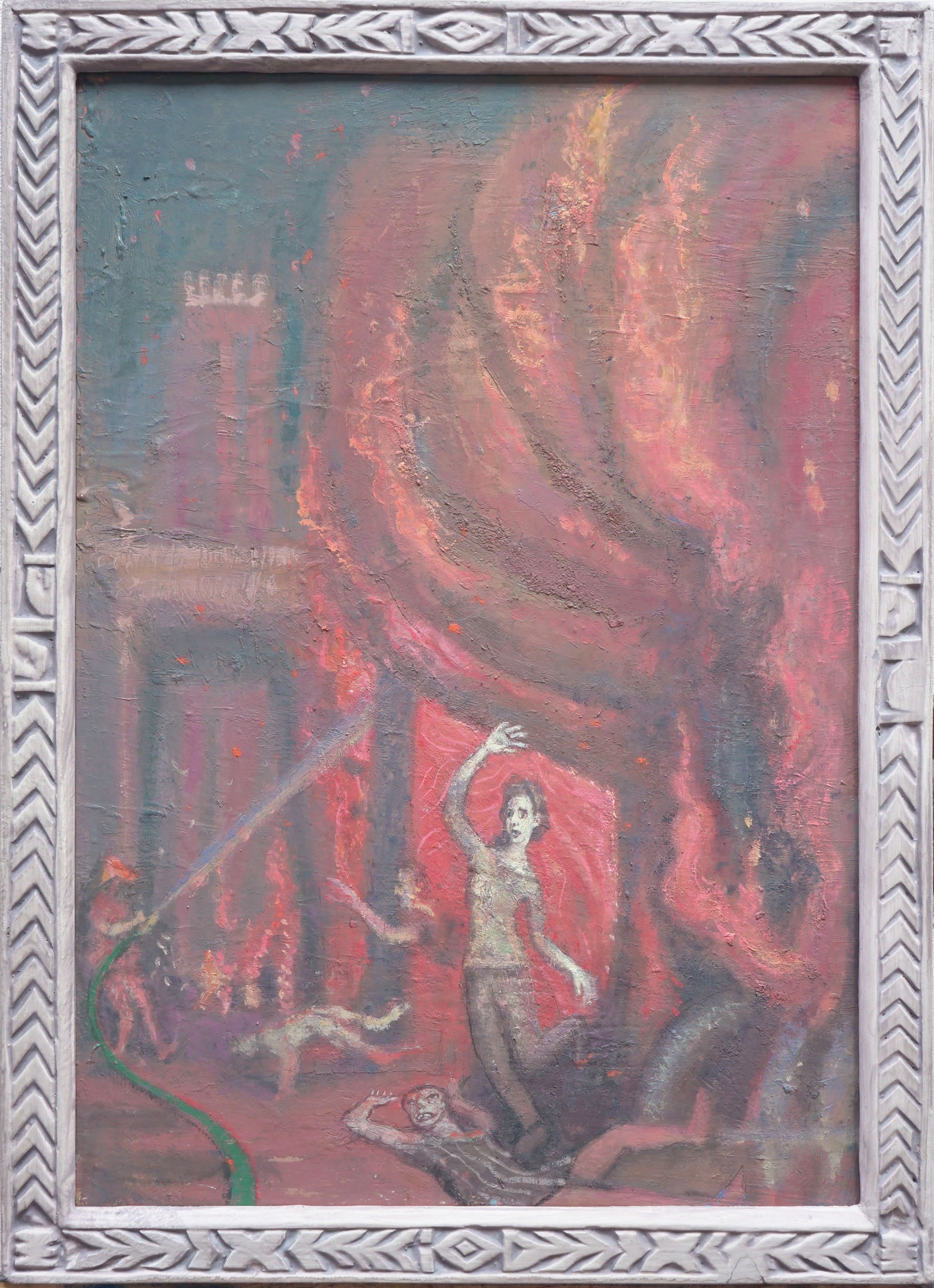 Even the Fire Screamed.  19.25" x 13.75", oil on board, artist's carved gesso frame, 2024