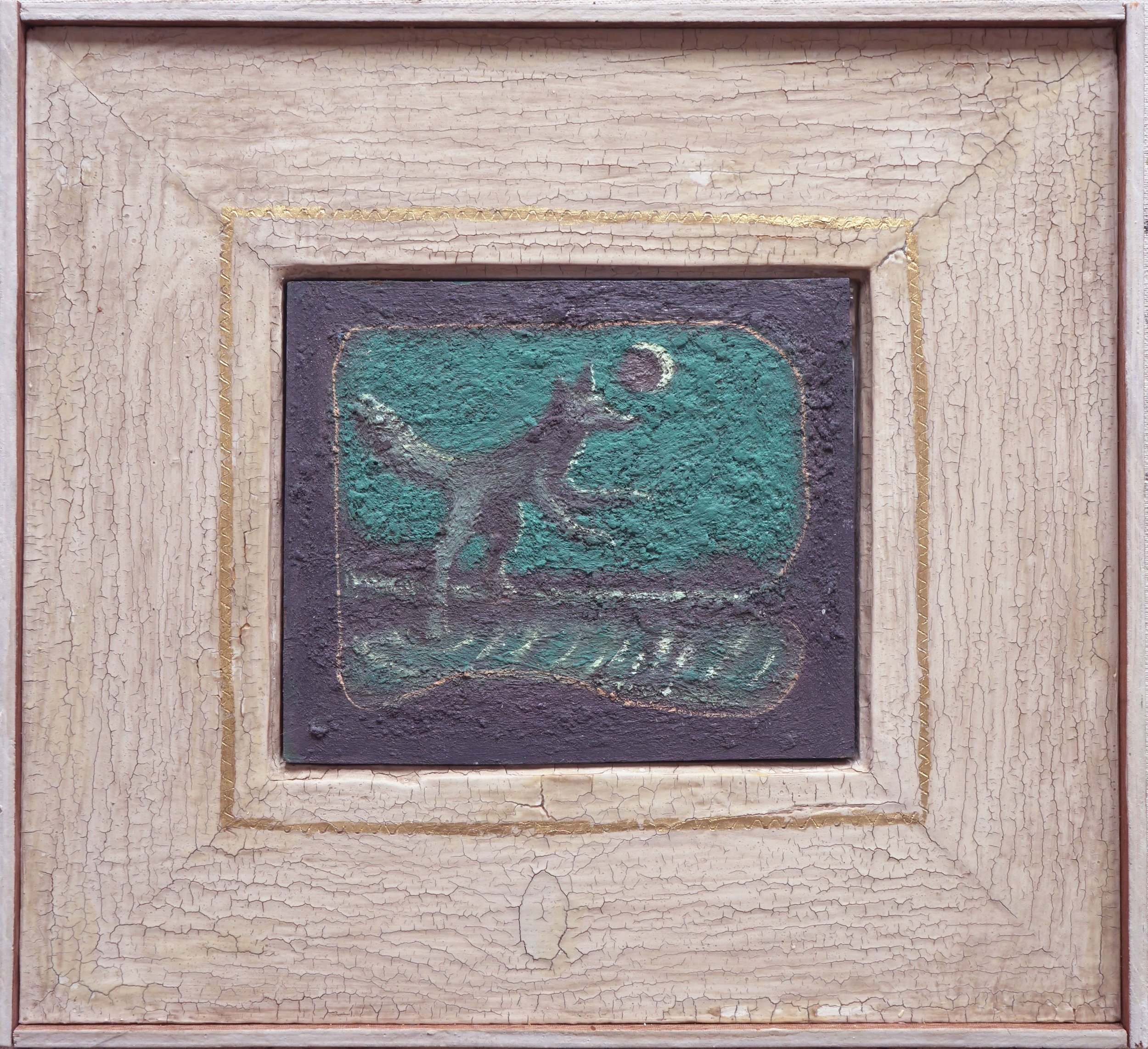 Fox on Hind Legs. 5.5" x 6.5", oil on board, artist's gesso frame, 2024