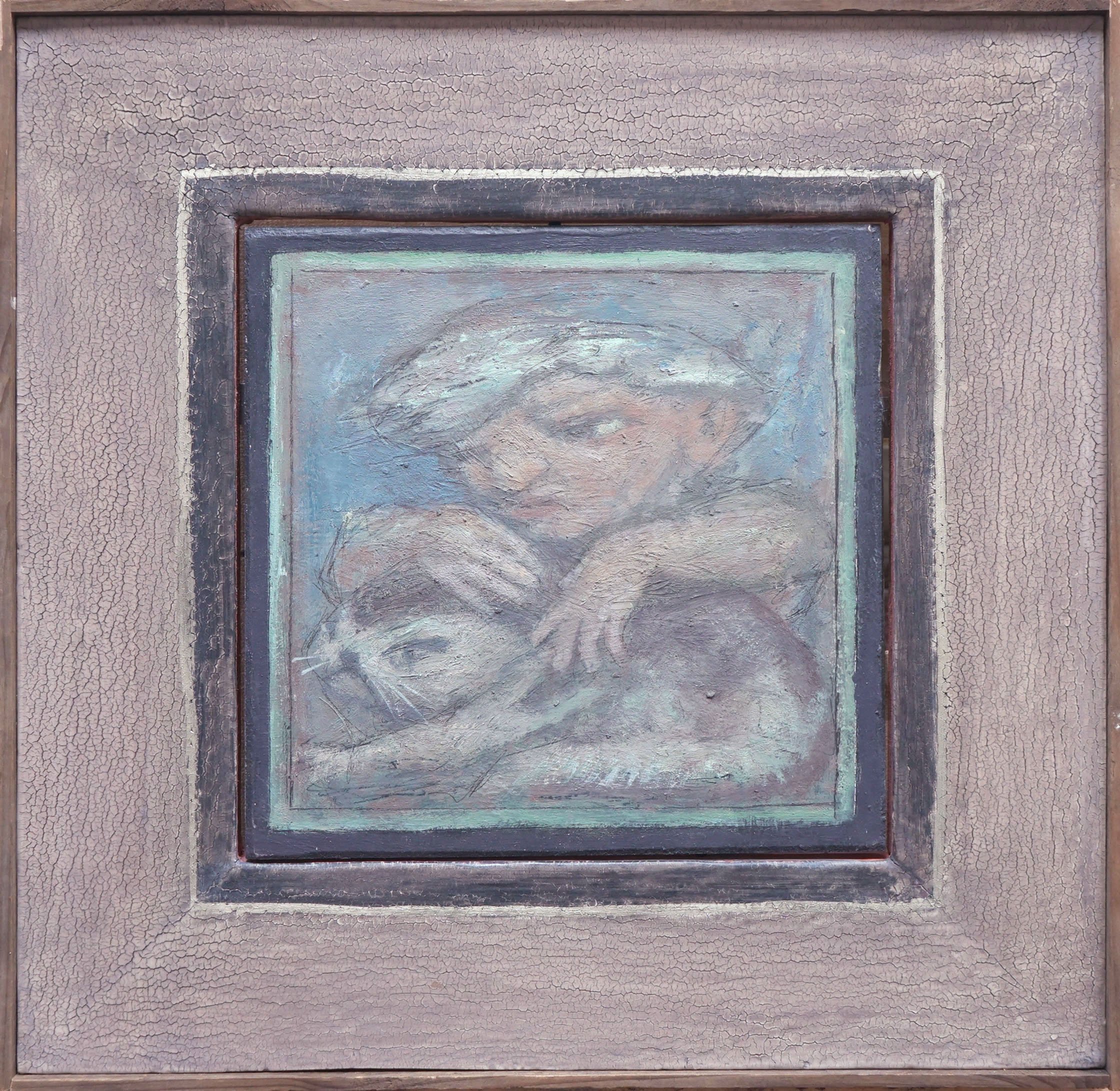 Rough Hugger. 9" x 9", oil on board, artist's gesso frame, 2023