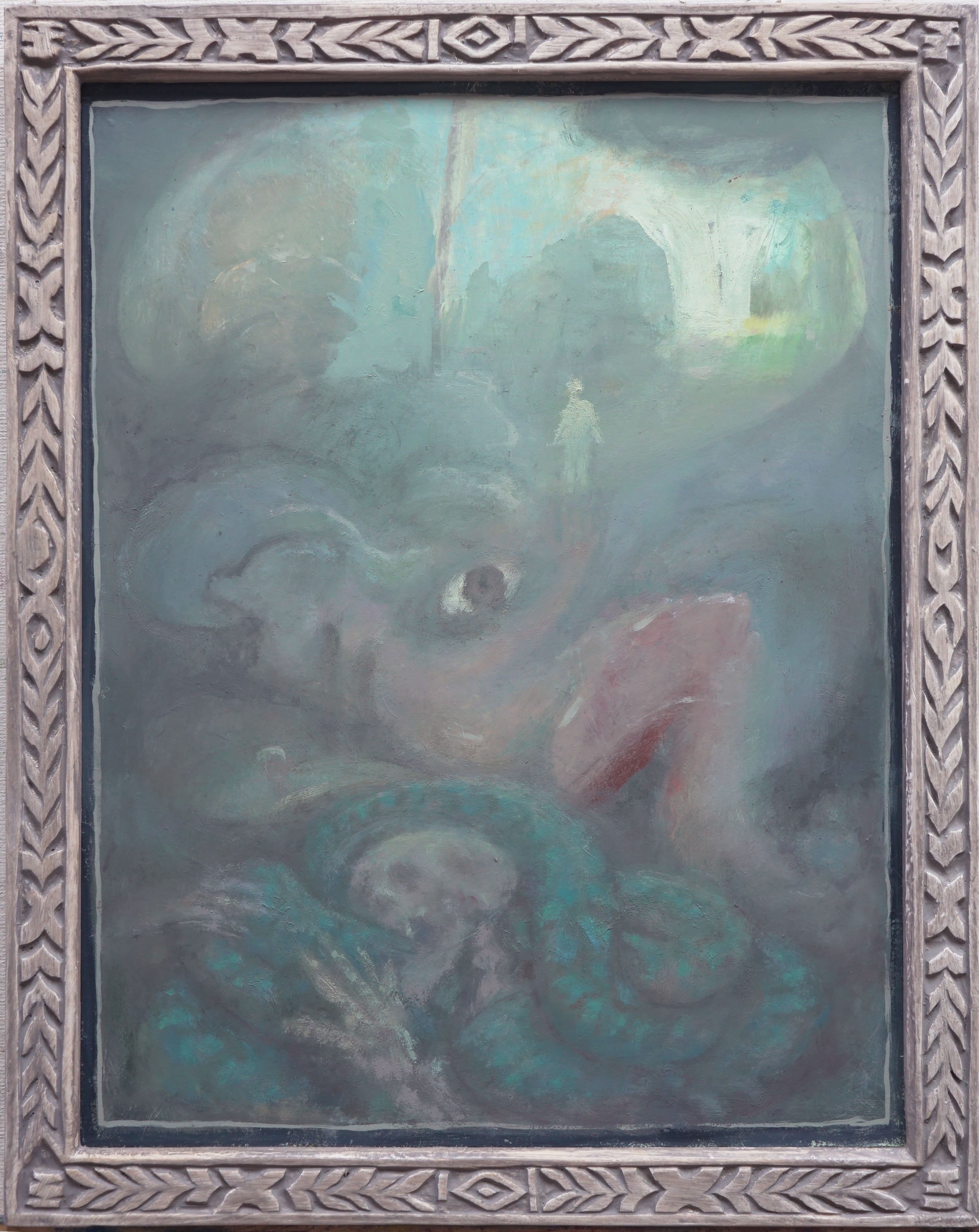 Katabasis III : The Unblinking Vigil. 18" x 14", oil on board, artist's carved gesso frame, 2024