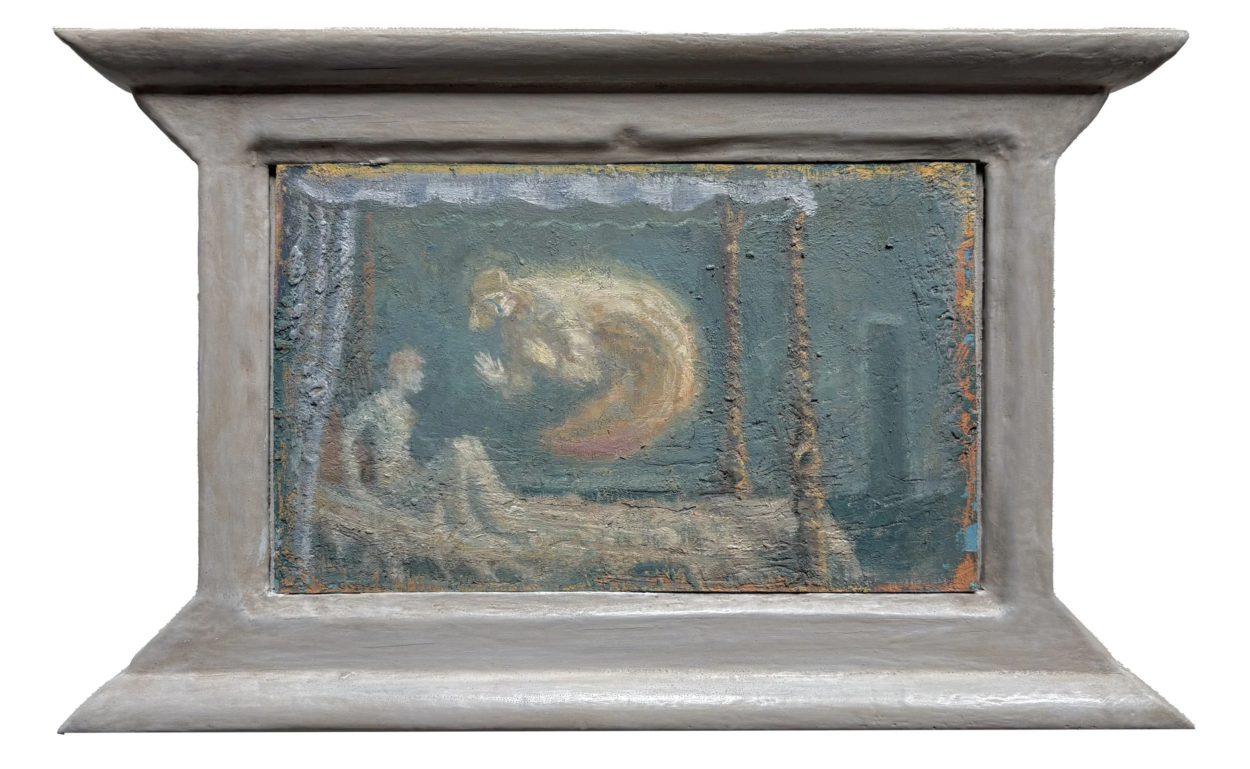 After Midnight, oil on board with artist’s gesso hourglass frame. 5” x 7.75”, 2025.