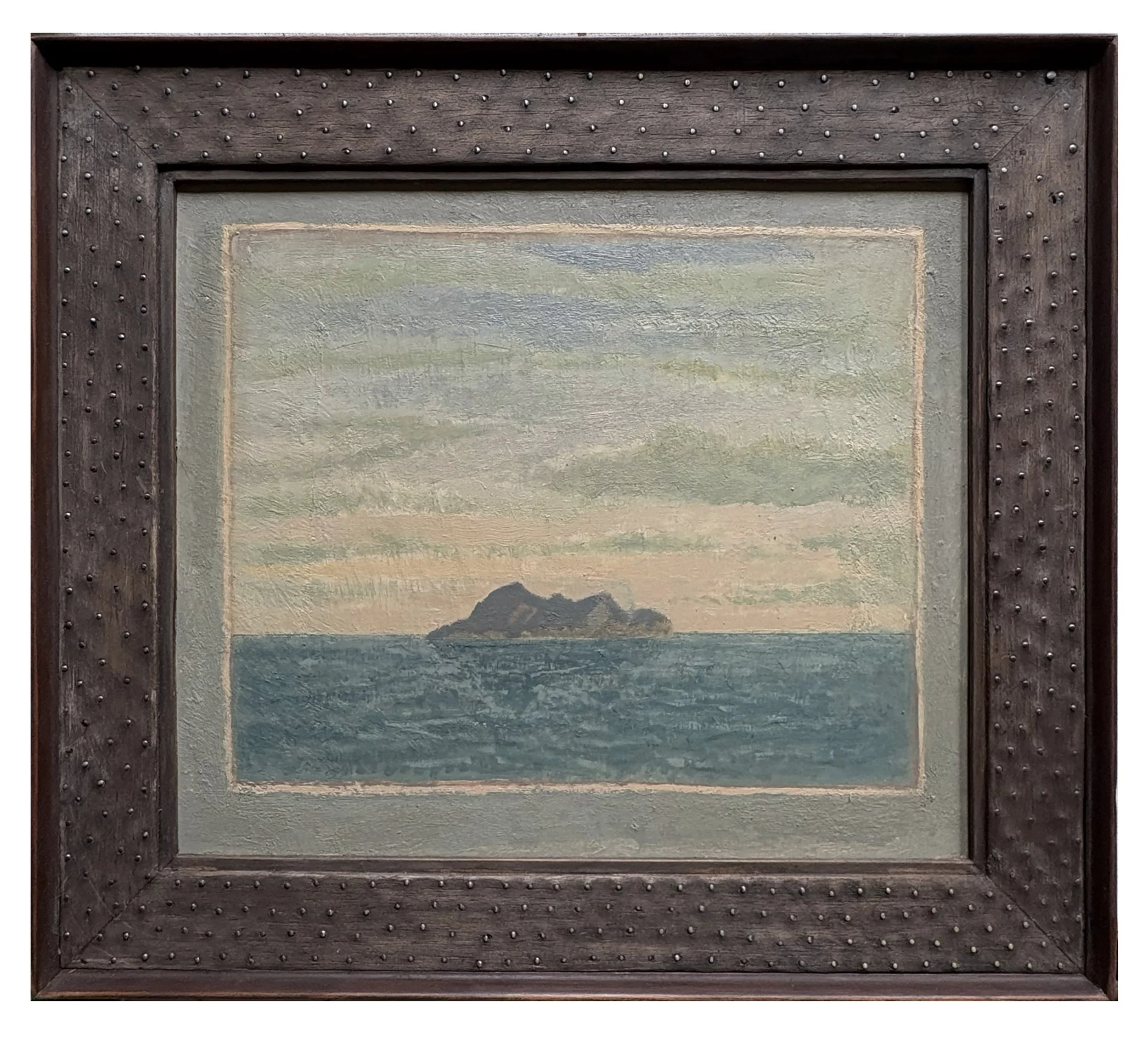 sland. 13.5” x 15.5” oil on board with artist’s studded frame. 2025