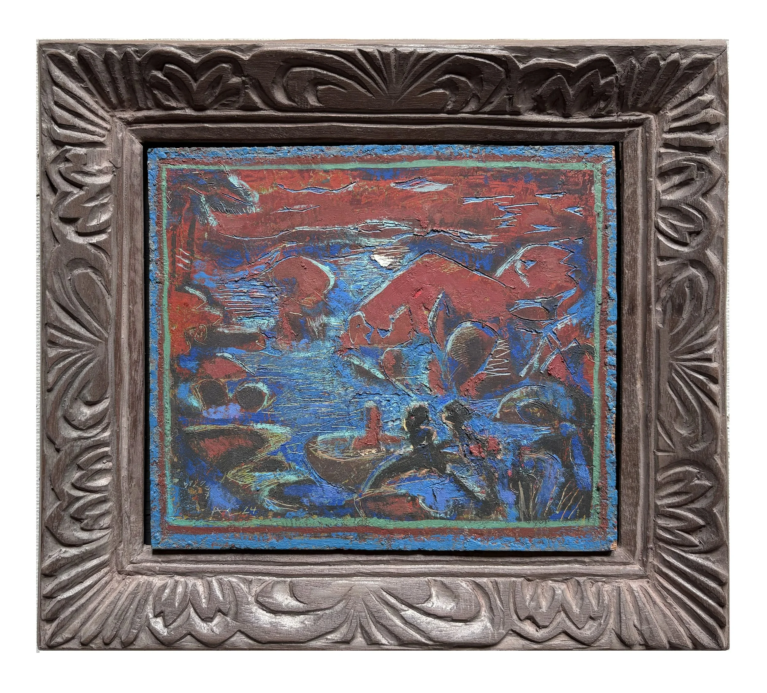 Searching for Bioluminescent Bay, 7.5 x 8.25, oil on mounted canvas, 2024, Artist's carved Frame