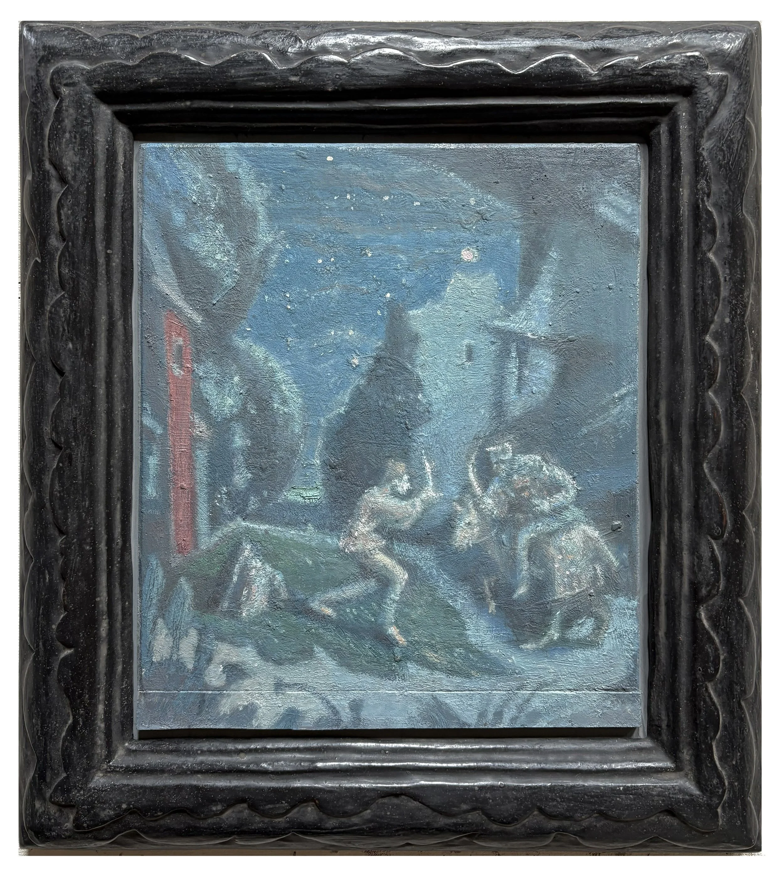 Night Flight. Oil on board with artist’s carved gessoed frame. 12.75” x 11”