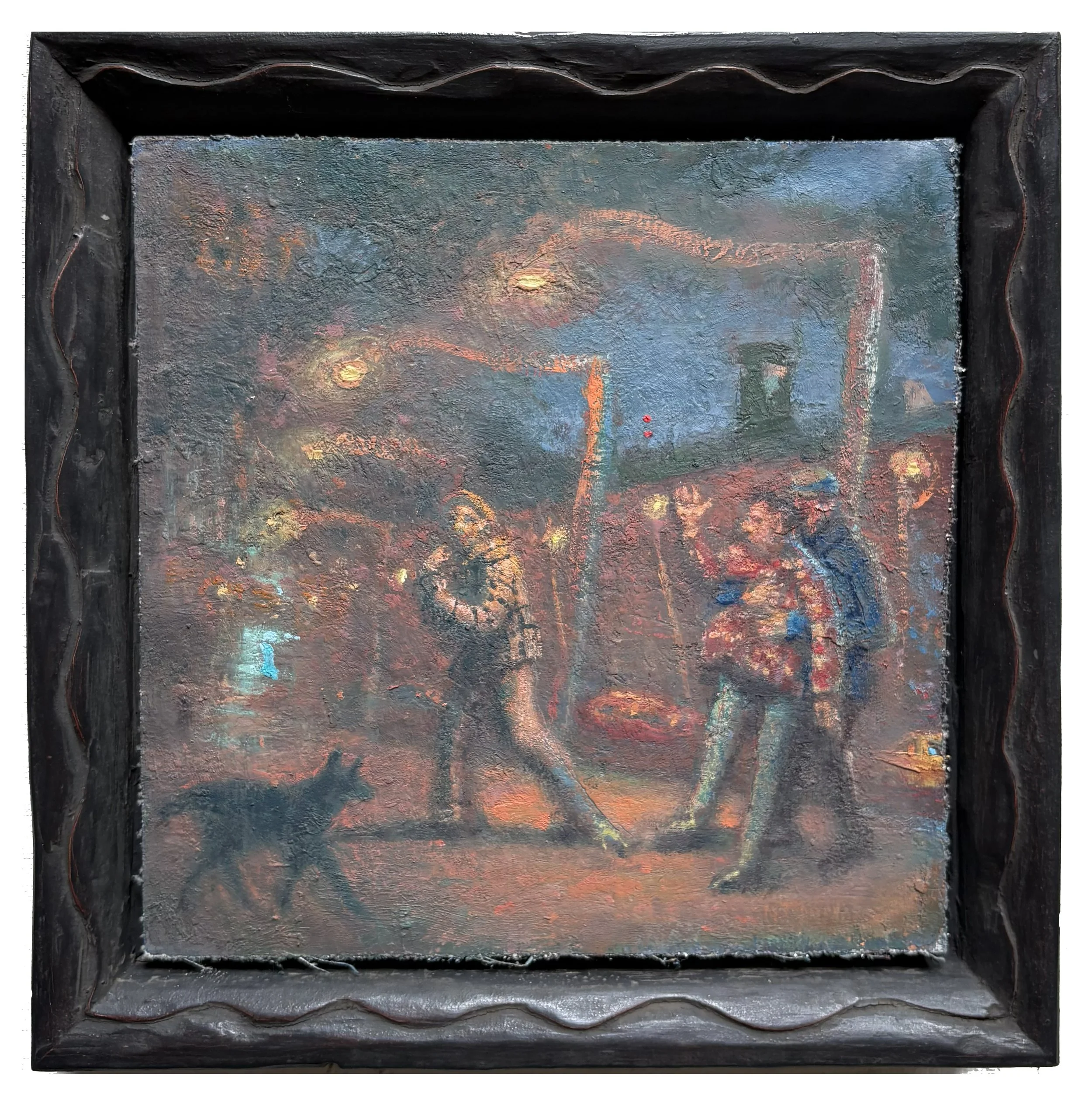 Sidewalk Incident, 9.25” x 9.25” oil on mounted canvas, artist's carved frame, 2025