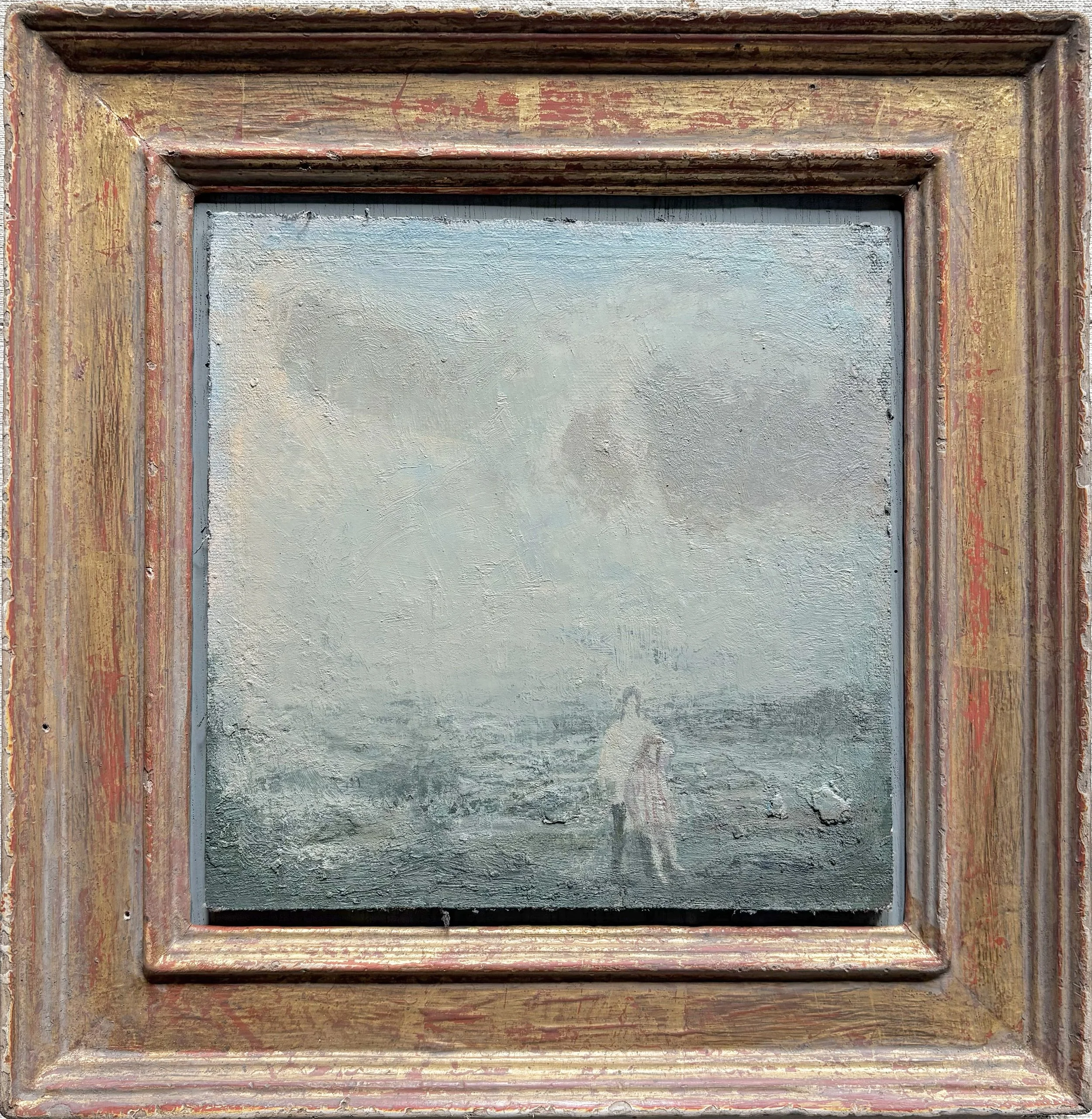 Mother and Daughter in Fog, oil on mounted canvas with artist’s gilded frame, 8” x 8”, 2025.