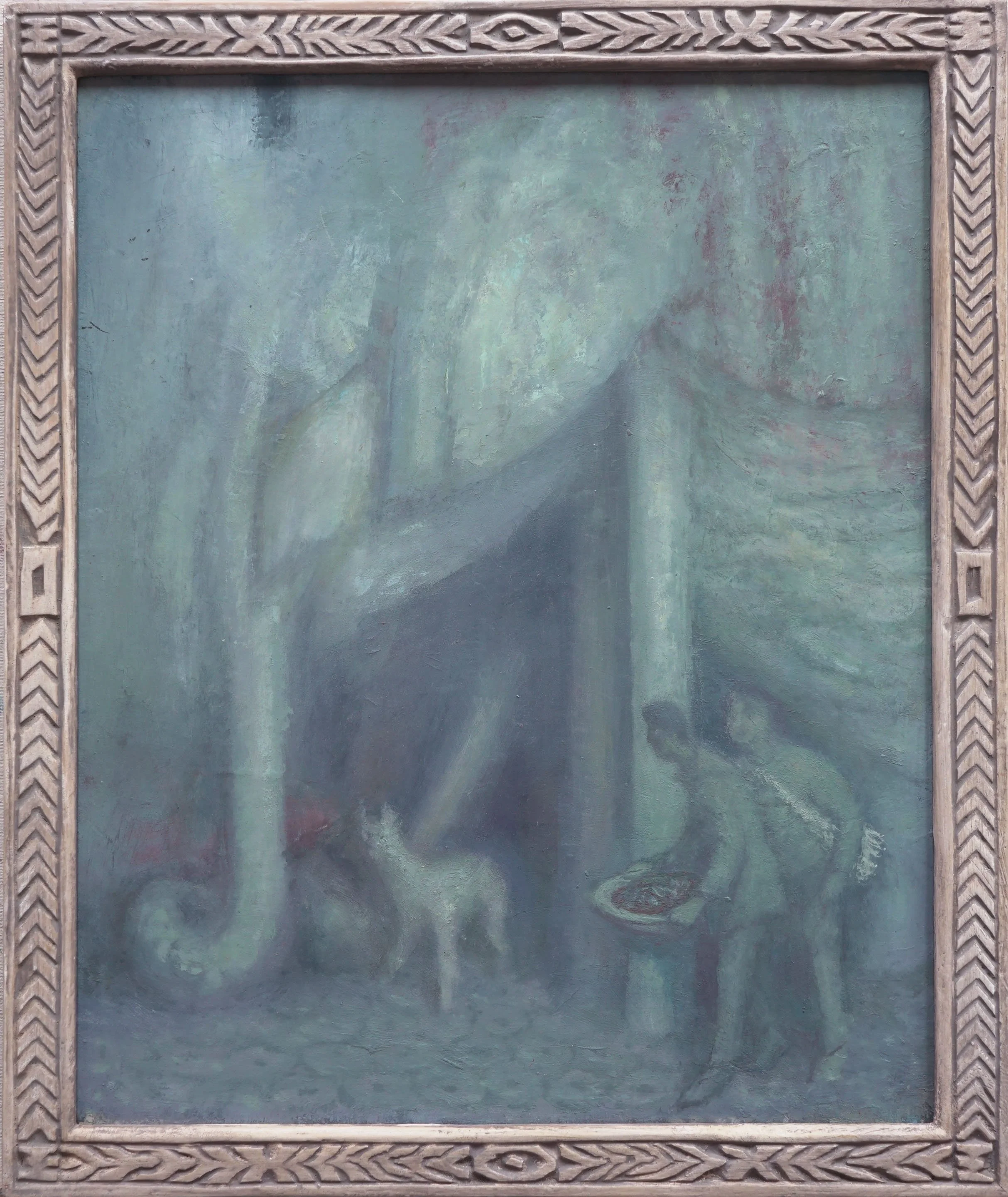 Katabasis II: The Descent. 18 x 15. Oil on board with artist carved frame, 2024.