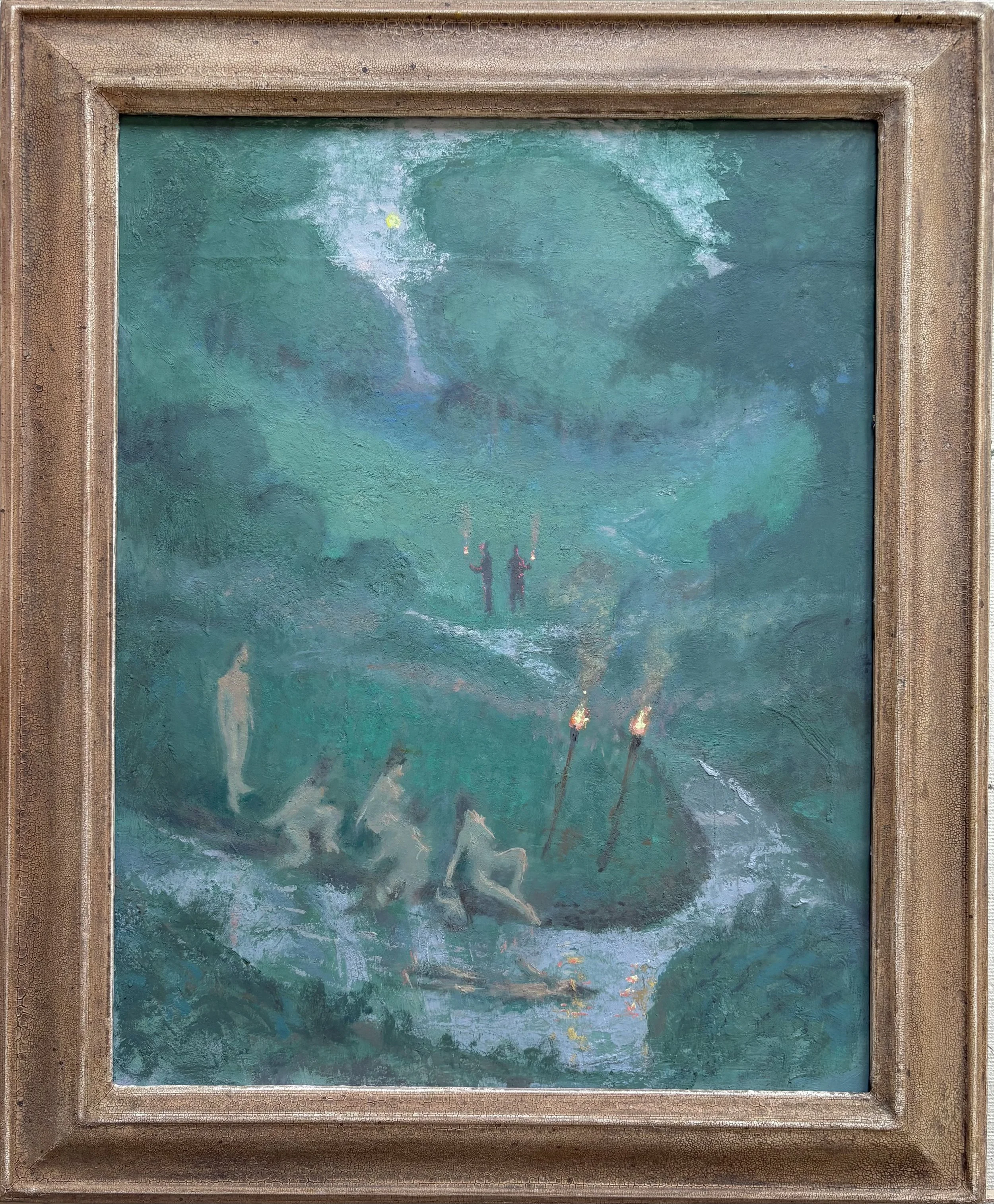 Torchlit Twilight, 17” x 13.5” oil on board, artists frame, 2025