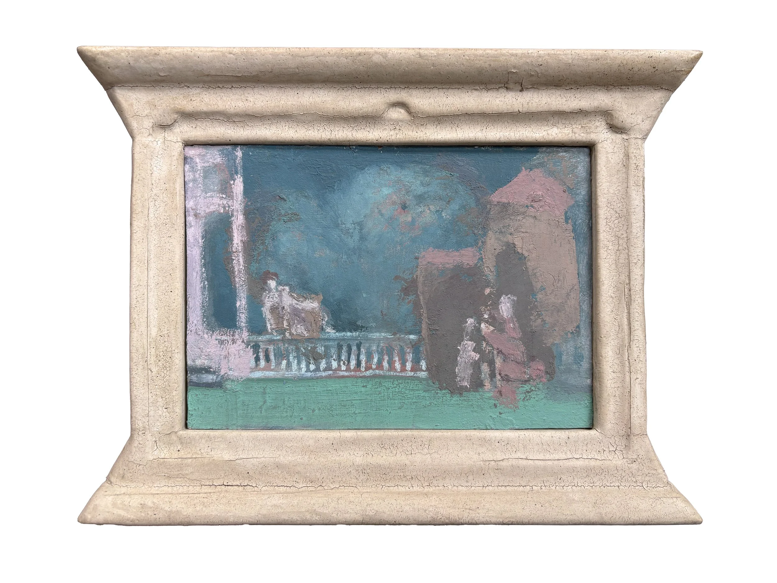 Over The Balustrade, 5” x 7”, oil on board, Artist’s Crafted White Gesso Hourlass Frame, 2020