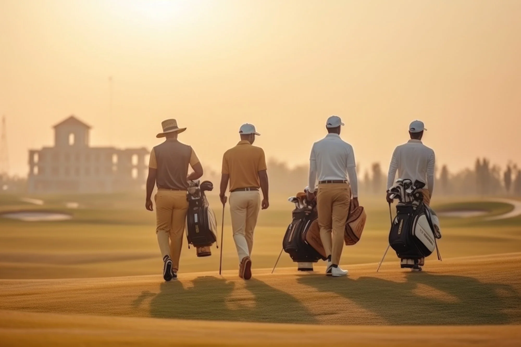 Four men walking across a golf course during sunset carrying golf bags and clubs, wearing golf attire and hats.