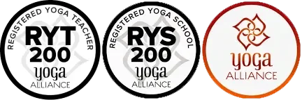 Three circular badges showing Yoga Alliance certification logos for RYT 200 and RYS 200, and a stylized red yoga logo with the word 'Yoga' and 'Alliance' beneath.