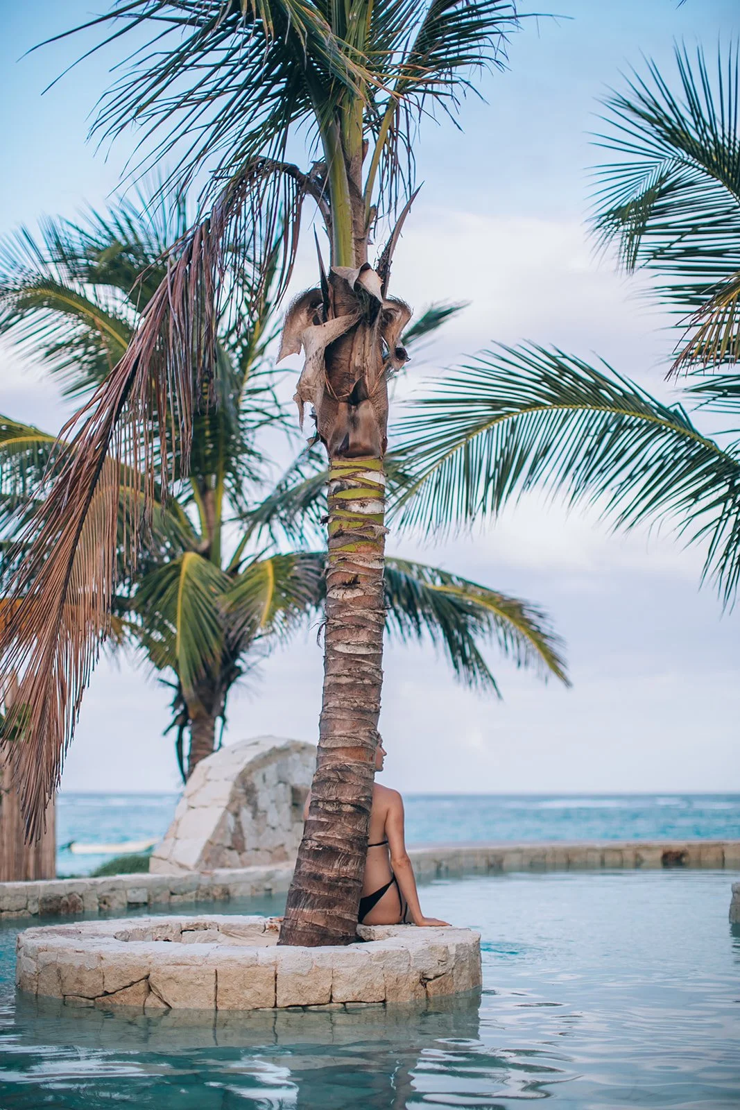 A woman sitting by the pool next to a palm tree on a beach, with the ocean in the background.