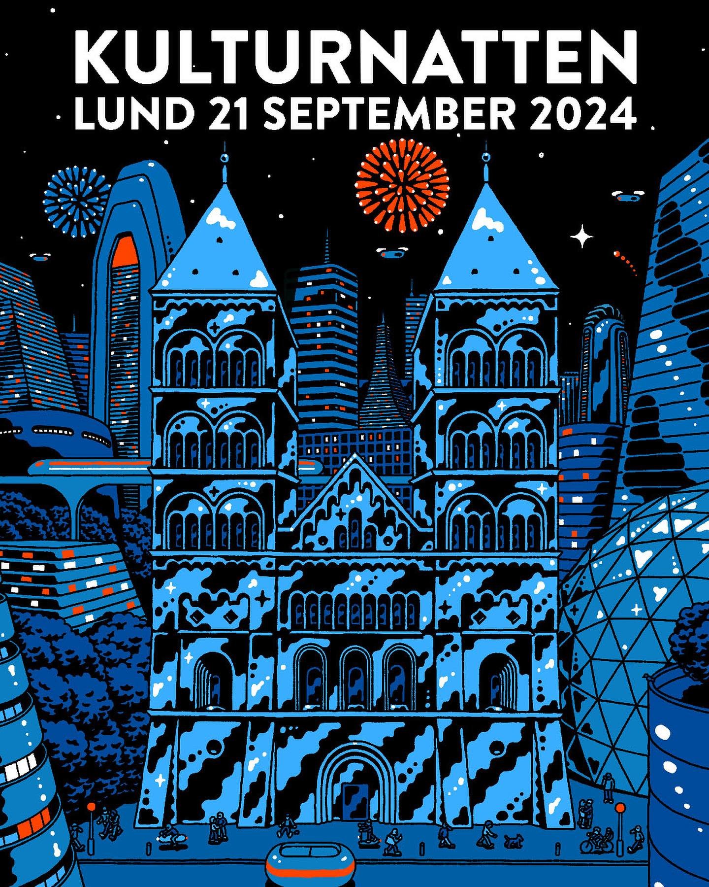 &rdquo;Culture Night&rdquo; Poster @visitlund #cityoflund #lund #cultural #event #kultur #natt #kulturnatt #domkyrkan #dome #church #futuristic #hoverboards #skyscrapes #oldandnew #drones #fireworks #illustration #finsta #night
