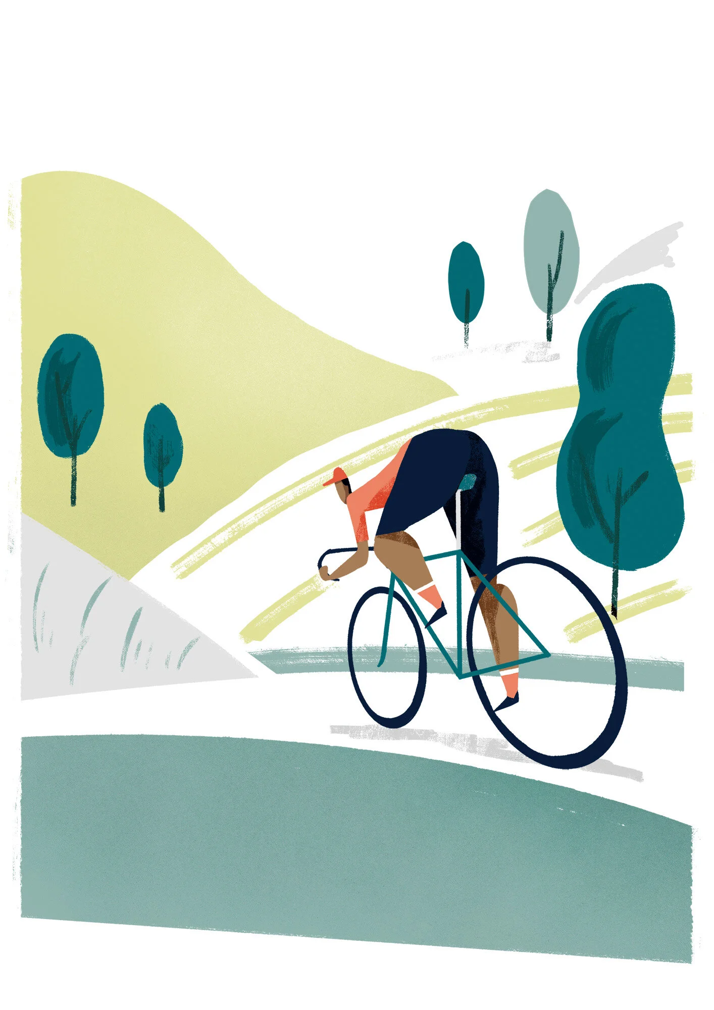  Man cycling downhill in countryside landscape illustration print 