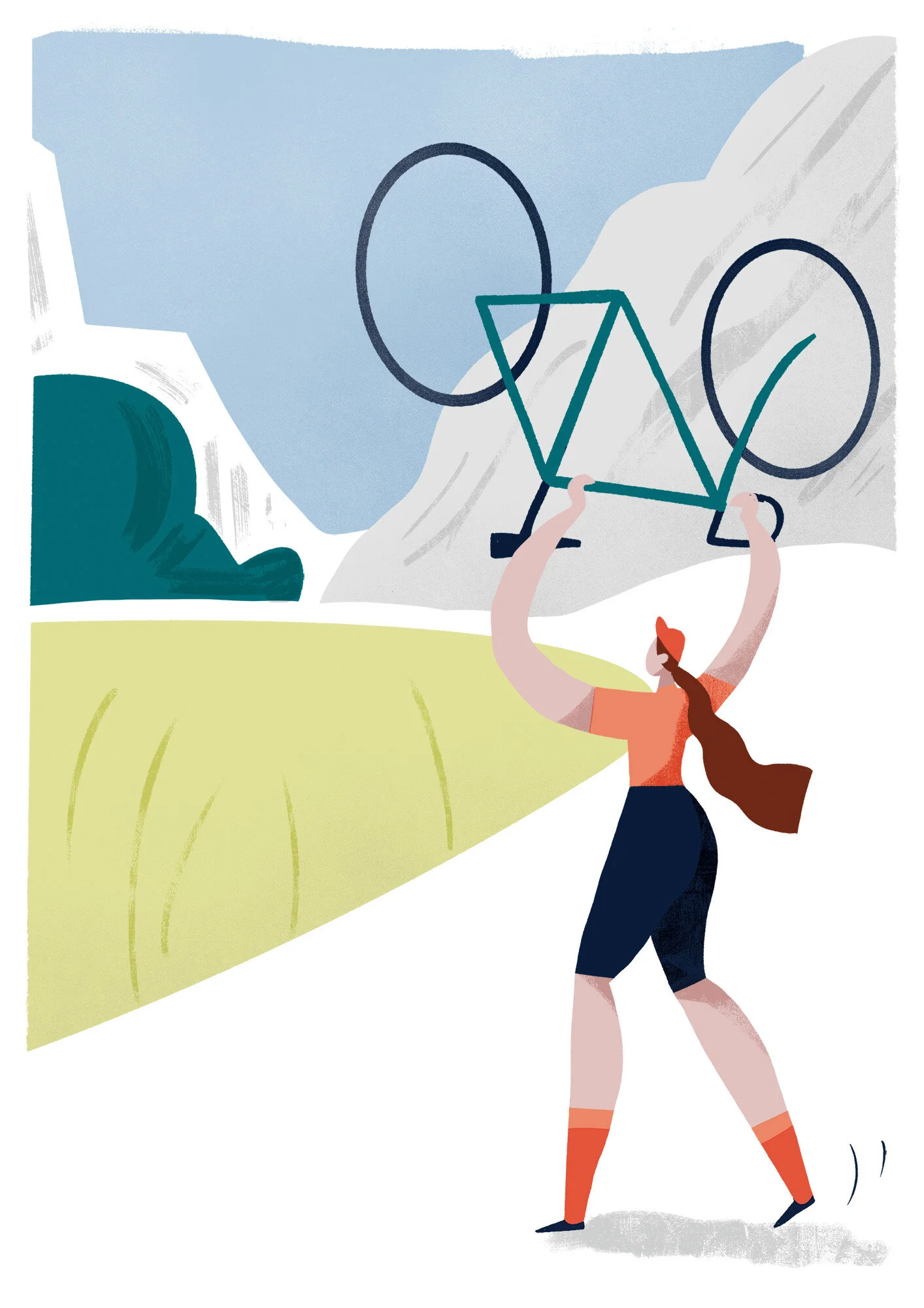  Female cyclist holds bike over her head in celebration countryside landscape illustration print 