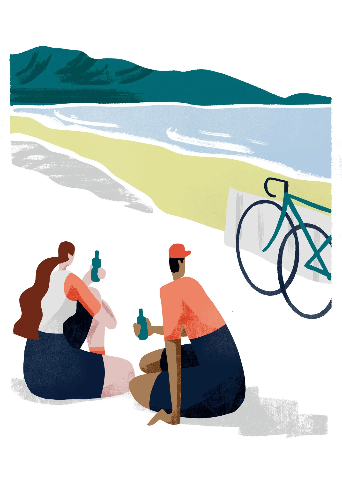 couple of cyclists sit on the beach having a celebratory beer after finishing a ride. Illustration print 