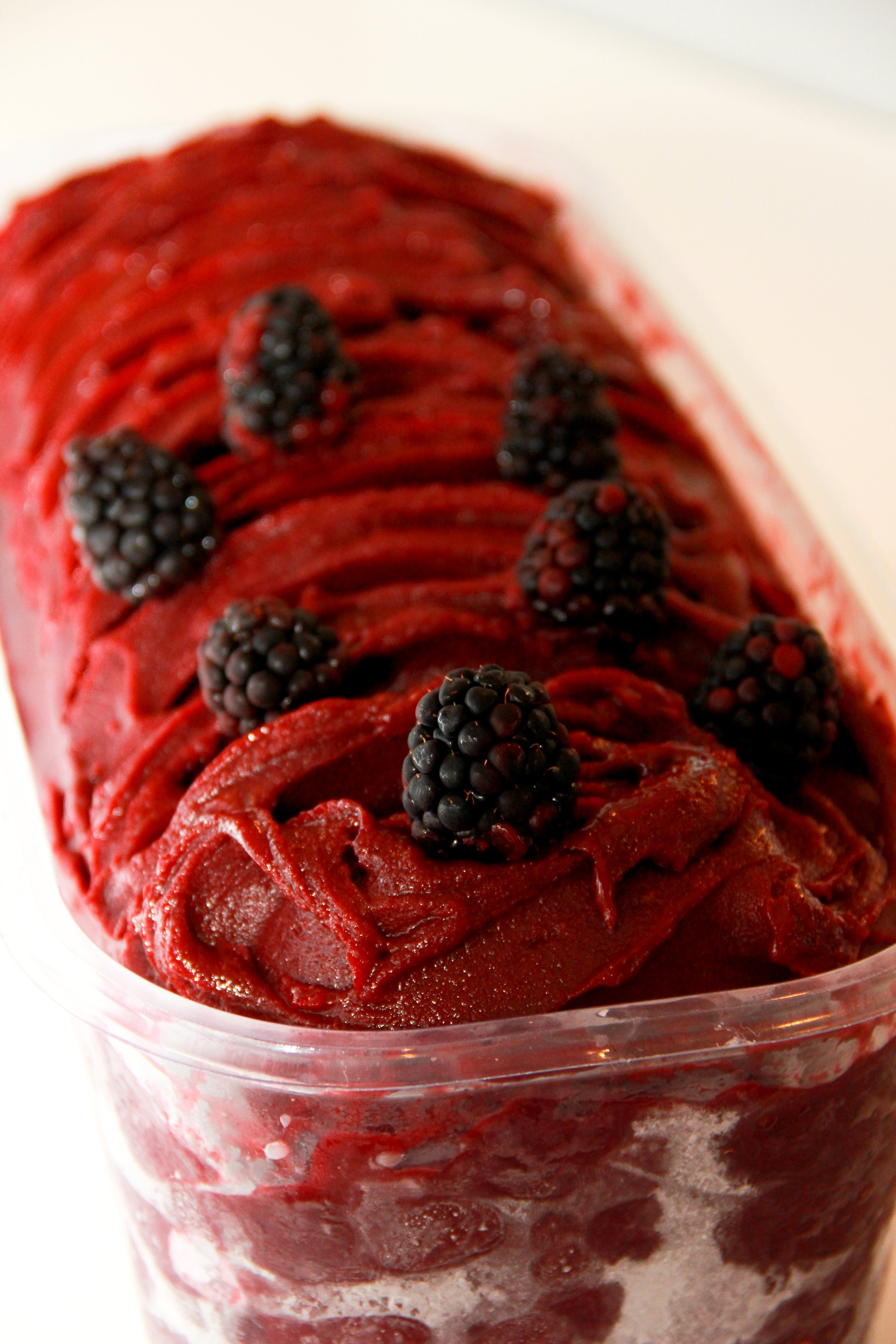 Blackberry sorbet in a large rectangular container