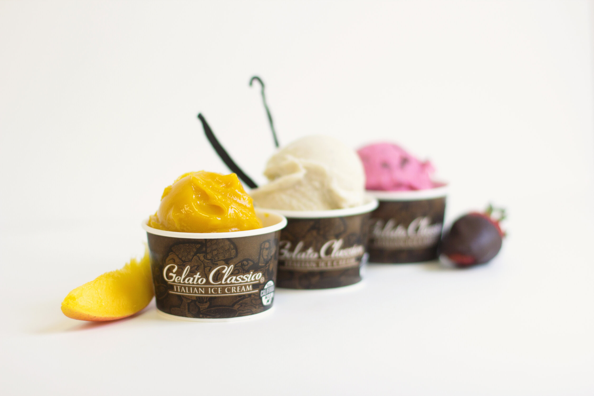 Mango sorbet, vanilla bean gelato, and strawberry gelato