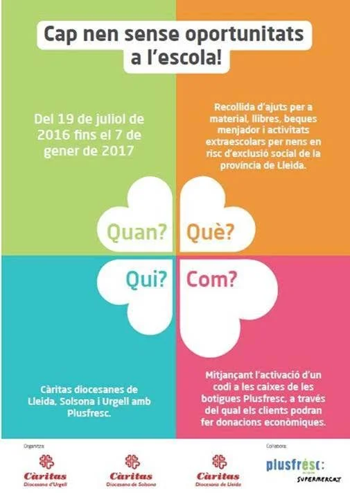 CÀRITAS I PLUSFRESC LLANCEN EL REPTE CAP NEN SENSE OPORTUNITATS EN L’ESCOLA!