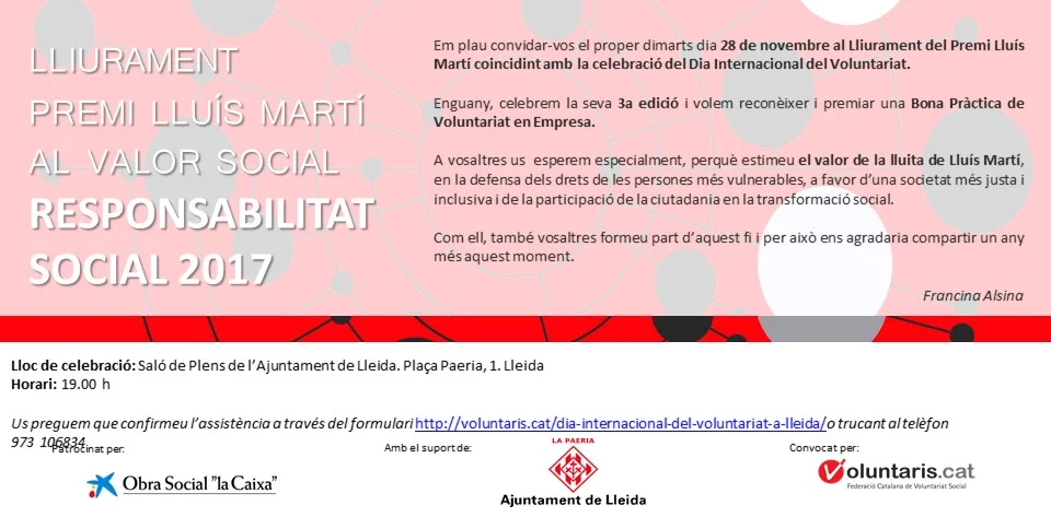 PREMI LLUÍS MARTÍ AL VOLUNTARIAT A LA PAERIA 28 NOVEMBRE 2017