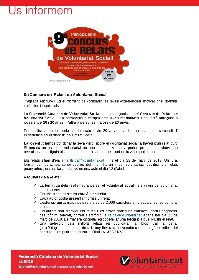 Concurs de relats de la Federació Catalana de Voluntariat Social.