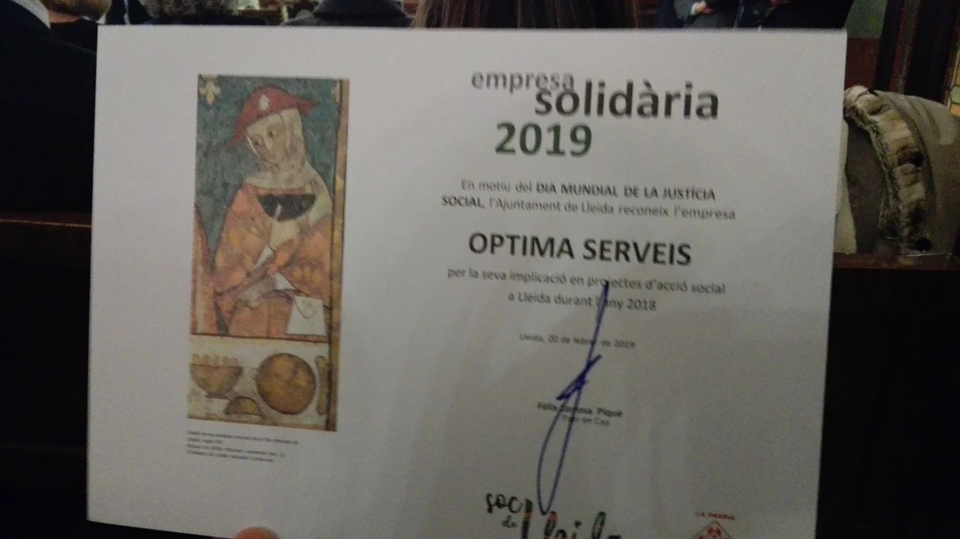 Òptima Serveis ha rebut el reconeixement per part de l'Ajuntament de Lleida d'empresa solidària