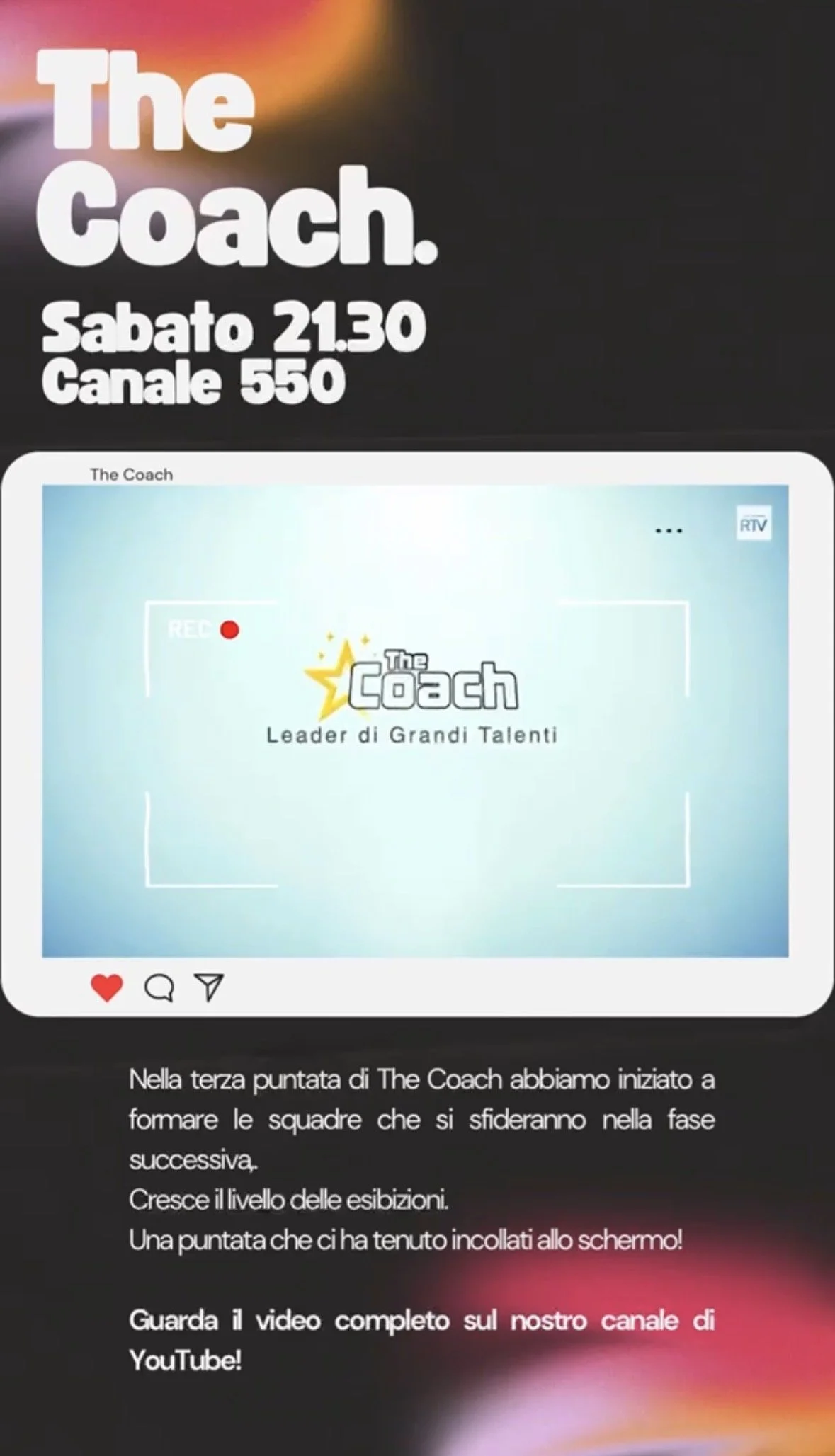 ...prosegue l'avventura in Tv con The Coach: Sabato sera alle 21:30 sul Canale 550! 