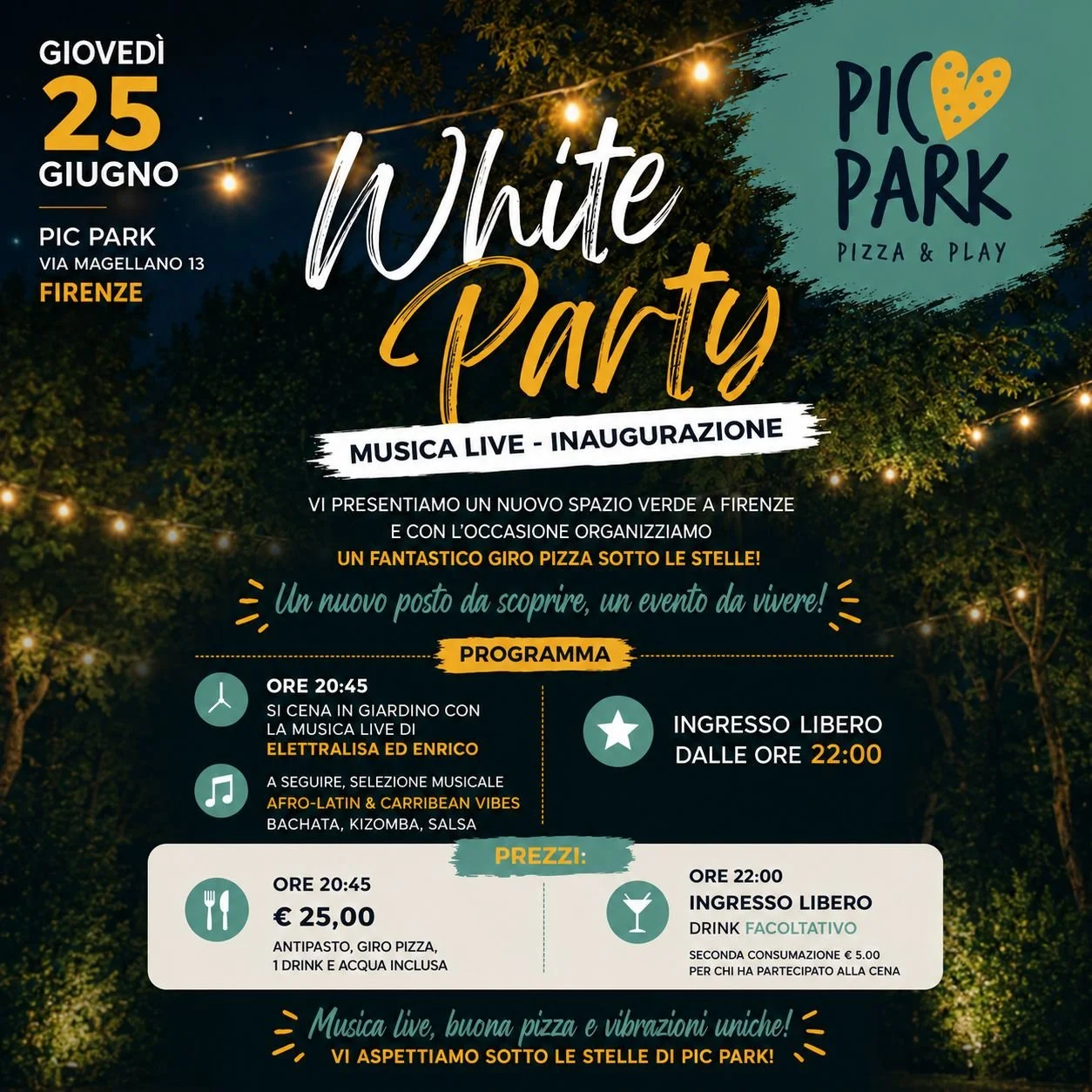 ...Giovedì 25 Giugno, la sorpresa dell'estate 2026: Un White Party con musica dal vivo, un fantastico giro pizza sotto le stelle e la presentazione un nuovo spazio verde a Firenze!