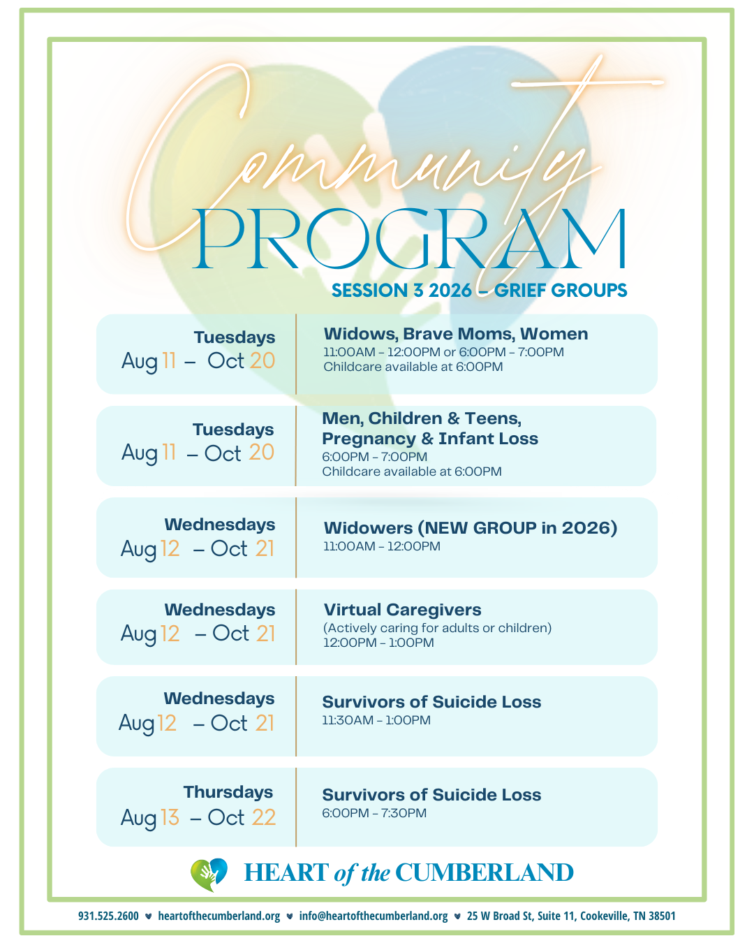 Grief Support Groups Community Schedule - Session 3 2026